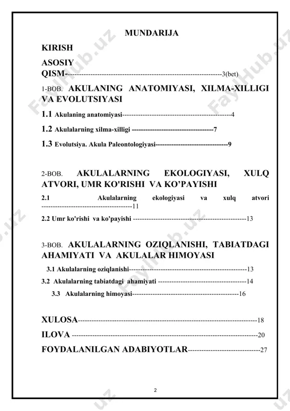 (12 metr) oshadi; barcha akula turlarining yarmi uzunligi bir metrdan (yoki taxminan 3 metrdan) kamroq. ular turli xil ranglarda (jumladan, pushti) mavjud va ba'zilari mayda plankton bilan oziqlanadi, boshqalari esa kattaroq baliq va kalamarlarni afzal ko'radi. ular okeanlarning deyarli barcha turlarida, shu jumladan chuqur dengizda, ochiq okeanda, marjon riflarida va arktika muzlari ostida joylashgan. akulalar qayerda yashamasin, okean ekotizimlarida muhim rol o'ynaydi, ayniqsa odamlar uchun "qo'rqinchli" bo'lgan kattaroq turlar. akulalar va ularning qarindoshlari umurtqali hayvonlarning birinchi yirtqichlari bo'lgan va ularning millionlab yillik evolyutsiya davomida aniqlangan jasorati ularga eng yaxshi yirtqichlar sifatida ov qilish va ekotizimlarni muvozanatda saqlash imkonini beradi. ammo akulalar butun dunyoda muammoga duch kelishmoqda. osiyo delikatesi bo‘lgan akula suzgichidan sho‘rva tayyorlash uchun akula qanotlariga bo‘lgan talabning ortishi butun dunyo bo‘ylab akula baliqlarini ovlashning ko‘payishiga olib keldi; har yili taxminan 100 million akulalar baliqchilik tufayli nobud bo'ladi. akulalar tasodifan to'rlarda yoki uzun chiziqli baliq ovlash vositalarida ushlanadi. jaws kabi …