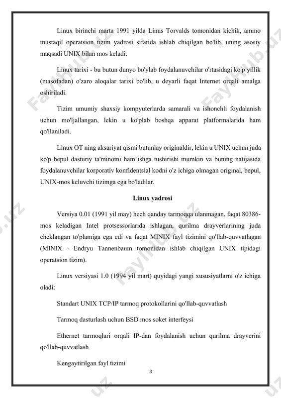 hiqilgan bo'lib, linux hamjamiyati tomonidan yaxshilangan. linux tarmog'ini boshqarish vositalari berkeley software distribution (bsd) unix ning 4.3 versiyasidan ishlab chiqilgan. oxirgi bsd hosilalari (masalan, unix freebsd) o'z navbatida linuxdan qarz olgan. linux tizimi internet orqali o'zaro aloqada bo'lgan ishlab chiquvchilarning erkin bog'langan tarmog'i tomonidan ta'minlanadi. ommaviy foydalanish mumkin bo'lgan oz sonli ftp serverlari de facto standartlar haqidagi ma'lumotlar ombori sifatida ishlatiladi. distributorlarning standart to'plami asosiy linux tizimini, tizimni o'rnatish va tizimni boshqarish vositalarini va o'rnatishga tayyor unix asboblar paketlarini o'z ichiga oladi. dastlabki tarqatishlar orasida sls va slackware dialektlari mavjud . red hat va debian mos ravishda tijorat va notijorat manba kodiga asoslangan mashhur tarqatishlardir. bitta paketli fayl formati - rpm turli xil linux distributivlari o'rtasidagi muvofiqlikni ta'minlaydi. linuxni o'rnatishga kelsak, muallifning shaxsiy tajribasiga ko'ra, linuxni turli xil konfiguratsiyalarda (masalan, ish stantsiyasida) qisman o'rnatish va to'liq versiyaga keyingi "qo'shimcha o'rnatishlar" bilan bog'liq muammolar bo'lishi mumkin: o'rnatuvchi haqiqiyni "chalkashtirib yuboradi". o'rnatilishi …
