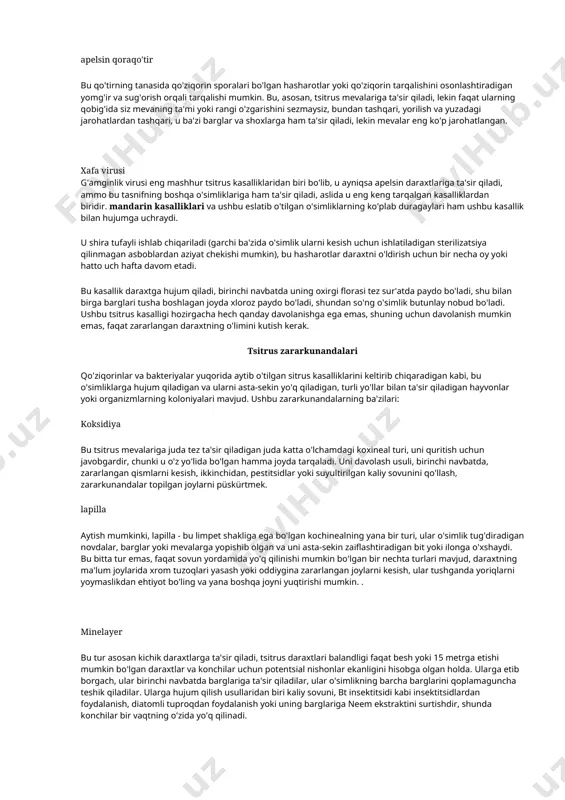 ri sarg'aygan va nervlari yashil bo'lib qolganda sitrusning bu kasallikdan azob chekayotganini aniqlash mumkin. uni hal qilish chorasi ko'p miqdorda temir o'z ichiga olgan yoki substratning ph darajasini pasaytiradigan o'g'itlarni tanlashdir. bundan tashqari, siz mumkin bo'lgan barcha tuproqni olib tashlashingiz va uni tsitrus o'simliklari uchun maxsus substratga o'zgartirishingiz mumkin. ko'kalamzorlashtirish bu kasallik shunday nomga ega, chunki to'q sariq, juda och yashil, sariq yoki qizil rangga ega bo'lgan tsitrus mevalari faqat yashil rang va deformatsiya bilan o'sadi. o'simlik gullash davrida bu kasallikka duchor bo'lganida, uning mevalari yashil bo'lib qoladi yoki bu rangni bo'yashni boshlaydi (agar infektsiya gullash paytida sodir bo'lsa). ushbu kasallikning og'irligi shundaki, u ko'plab namunalarni o'ldirdi, faqat aqshda millionlab holatlardan oshib ketdi. bu kasallik "sariq ajdaho kasalligi" yoki "xuanglongbing" deb ham ataladi va u mumkin bo'lgan barcha sitrus daraxtlarini o'ldirgunga qadar minglab gektarlarga tarqalishi mumkin. u o'simlikka barglari va poyasidan ta'sir qilib, mevalarni deformatsiya qiladigan va achchiq qiladigan hasharot …