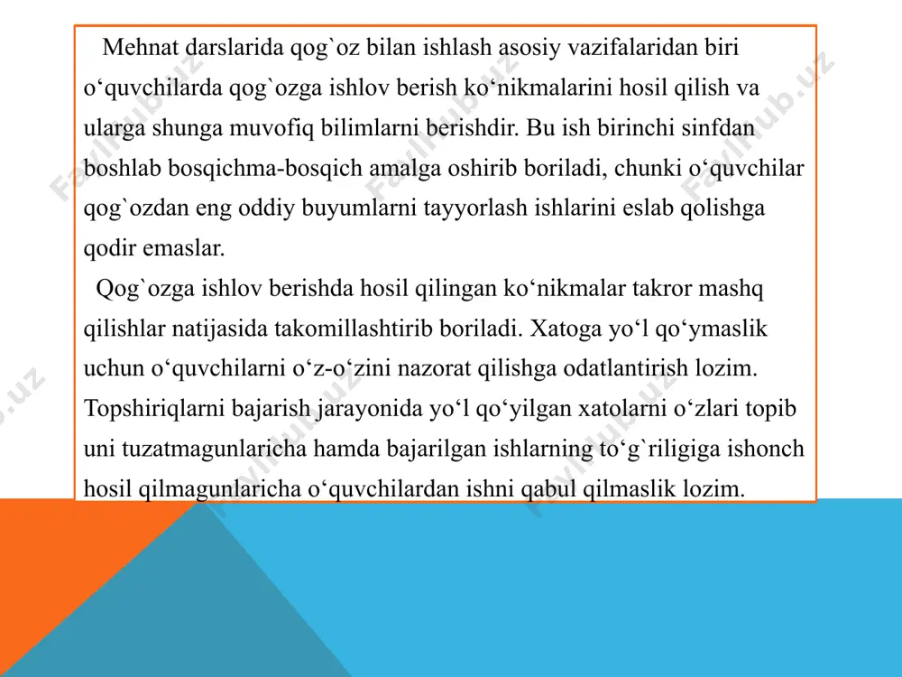 a lolaning bargini, g`unchasini ham yopishtirib qo‘yish mumkin. (5) (6) (7) tayyor bo’lgan lola guli «qurbaqa» ko’rsatmali quroli. yasash bosqichlari: 1-bosqich: kvadrat shaklidagi rangli qog`ozni qirqib olinadi 2-bosqich: do‘ppi shaklida buklanadi. 3-bosqich. hosil bo‘lgan uchburchakning bir tomonidagi pastki ikki uchi yuqoriga qaratib buklanadi. 4-bosqich: yuqoriga buklangan tomonning pastki qismidagi ikki uchi o‘rtadagi chiziqka etkazdirilib yuqoriga buklanadi. 5-bosqich. uchburchakning orqa tomonidagi ikki uchi esa haklning yuqori qismidagi uchidan ichkariga qaratib pastga buklanadi. (2) (1) 6-bosqich: buklangan qogozning ichkariga buklangan qirg`og`i orqaga qaytarib, yangi hosil bo‘lgan uchburchak chetiga etkazib buklanadi. 7-bosqich: hosil bo‘ltan shaklning katta-kichikligiga qarab uning pastki qismidan 1-2 sm qismi ichkariga buklanadi. 8-bosqich: buklangan qismidan 0,5-1 sm qolirib, avvalgi holatga tomon yani tashqariga buklanadi. natijada ―qurbaqa‖ hosil bo‘ladi. buni, buklangan joyidan salgina bosib, so‘ng qo‘yib yuborilsa, u xuddi tabiiy qurbaqadek sakraydi. shuningdek bu shaklga yana qurbaqaning ko‘zi va og`zini ham chizish mumkin. (3) (4) tayyor holga kelgan qurbaqa e’tiboringiz uchun …