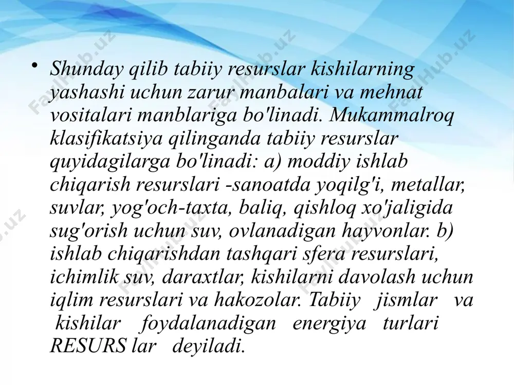 ra havosi kishilar, hayvonlar o^simliklarning nafas olishi uchun zarur. havo bitmas tuganmas lekin uning tarkibi o’zgarishi mumkin. havoni ifloslash ishiga sanoat korxonalari va transport mashinalaridan chiqayotgan gazlar sabab bo'lmoqda, bu esa inson organizmi uchun zararlidir. tabiatni muhofaza qilish aspektlari uzoq vaqt davomida tabiatni muhofaza qilish moddiy farovonlik to’gmsida g'amxo'rlik qilishdangina iborat bolib qolgan bo'lsa, endilikda tabiatni muhofaza qilish deganda keng va xilma-xil masalalar ko'zda tutilmoqda. tabiatni muhofaza qilishning bir necha aspektlari bor: . iqtisodiy, . sog'lomlashtirish - gigiena . tarbiyaviy . estetik . ilmiy aspektlar tabiatni muhofaza qilish aspektlari iqtisodiy aspekt - o'tmishda ham hozirgi vaqtda ham tabiatni muhofaza qilishning asosiy masalalaridir.agar kishilar o'z hayotlarida tabiiy resurslarsiz yashay olganlarida edi, ularni muhofaza qilish hamda ratsional foydalanish to"g'risida bosh qotirishi shart emas edi. hozirgi vaqtda turli xil tabiiy boyliklar, o'similk va hayvon resurslari, chuchuk suv, unumdor tuproq, mineral foydali qazilmalar va boshqalarga bo’lgan ehtiyoj tobora ortib borayotganligidan tabiatni muhofaza qilishning iqtisodiy …