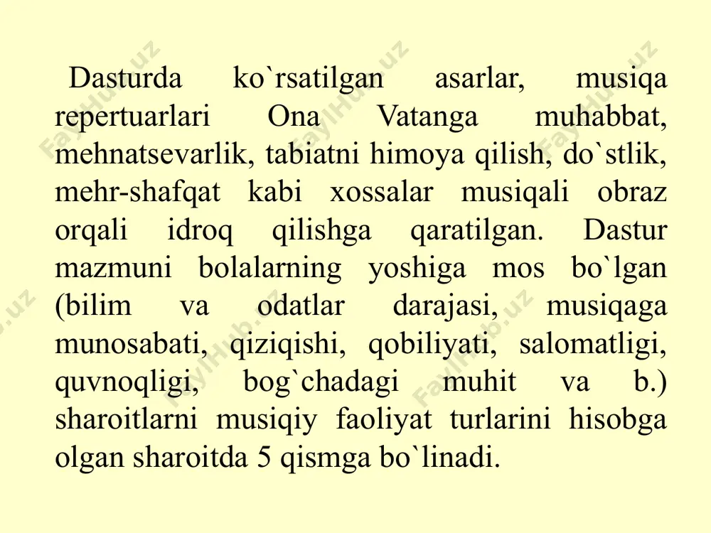 ikasini ajratishga o`rgatish kerek. bu yoshda quyidagi ijodkorlikni odatlar shakllanadi, tovushni to`g`ri aytish, musiqa ostida ritmik haraktalarni yaxshi, xalq o`yinlarni tayyorliksiz harakat bajarish olish, asboblarning tovush temrbrlariga qarab ajrata olish va ularni usullardan chertishga o`rgatish bu yoshda bayramlarning qatoriga 14-yanvar` vatan himoyachilar kuni bayram qo`shiladi. bunda bolalar dovyurak askarlar, chegarachilar xaqida qo`shiqlar aytib, o`yinlar o`ynaydi. gullar va qushlar bayram may oyida belgilanadi. bu bayram bolalarda ona tabiatni sevish, ardoqlash va to`garak-atrofni saqlashga tarbiyalashda zaruriy o`rin egallaydi. gul va qushlar haqida qo`shiqlar, kichik sahnalar yaratiladi. maktabgacha tayyorlash guruhi qo`shiq aytishda bolalarning xushovozligini o`stirish, ritmni to`g`ri idrok qilish qobiliyati, tiniq, aniq tovush bilan qo`shiq aytish, musiqaningn tovushlarini past-balandligining, bilimini mustahkamlash. bolalarda musiqaninghar xil xarakteriga mos harakatlarni mustaqil bajarishga o`rgatish kerak. bayramlarning qatoriga paxta bayrami, maktabga chiqarib solish bayrami, sport bayramlari qo`shiladi. e’tiboringiz uchun raxmat image1.png image2.png image3.jpeg image4.jpeg image5.jpeg image6.png image7.jpeg image8.jpeg image9.jpeg image10.jpeg /docprops/thumbnail.jpeg
