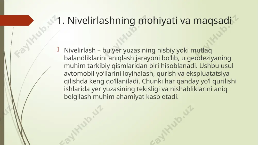 sosida tuproq ishlari hajmi hisoblanib, yo‘l qoplamasi uchun eng maqbul variant tanlanadi. yo‘l qurilishida nivelirlashning to‘g‘ri bajarilishi qurilayotgan yo‘lning mustahkamligi va uzoq yillar xizmat qilishini ta’minlaydi. agar nivelirlash natijalari aniq bo‘lmasa, yo‘lda nosozliklar yuzaga kelishi, suv to‘planishlari yoki qulash xavfi ortishi mumkin. shu sababli, avtomobil yo‘llari qidiruvida nivelirlash usullarining qo‘llanilishi muhim ahamiyat kasb etadi. 2. asosiy nivelirlash usullari 1. geometrik nivelirlash bu usul eng keng tarqalgan va aniq hisoblanadi. o‘lchovlar nivelir asbobi va reykalar yordamida amalga oshiriladi. asosiy prinsipi shundaki, nivelir gorizontal tekislik yaratadi va har bir nuqtaning balandligi reyka bo‘yicha o‘lchanadi. afzalliklari: yuqori aniqlik oddiy va tezkor o‘lchov jarayoni qurilish va yo‘l loyihalashda keng qo‘llanadi kamchiliklari: qiyalik va tog‘lik hududlarda foydalanish qiyin uzoq masofada qo‘shimcha oraliq punktlar kerak bo‘ladi 2. trigonometriya usuli bilan nivelirlash bu usulda teodolit yoki total stansiya yordamida balandlik o‘lchanadi. bunda burchak va masofalar orqali nuqtalar balandligi hisoblanadi. afzalliklari: tog‘li va murakkab relyeflarda qulay o‘lchash jarayoni …