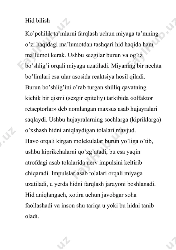 bu qobiliyat qayta tiklanmaydi. · sezgirlik yoshga qarab pasayishi ham mumkin. hidlarga yuqori sezuvchanlik (giperosmiya) hid sezmaslikka qaraganda kamroq uchraydi. ko’pincha homilador ayollar hidga nisbatan sezgir bo’lib qoladilar. ba’zi hollarda giperosmiya psixosomatik kasallik bo’ladi. ya’ni, psixosomatik giperosmiya bo’lgan odamlarda aniq jismoniy buzilish aniqlanmaydi. maza bilish, taʼm bilish — turli eriydigan moddalarning taʼm bilish retseptorlariga, asosan, tilga (umurtqalilarda) taʼsir etishi natijasida paydo boʻladigan sezgi. maza bilish retseptorlari tilda, halqumning orqa devorida, yumshoq tanglayda, murtaklarda joylashgan. til uchi, chetlari va orqa qismida retseptorlar ayniqsa koʻp; til oʻrtasida va uning ostki yuzasida maza bilish retseptorlari yoʻq. shirin, nordon, achchiq, chuchuk va shoʻr sezadigan maza bilish sezgilari farq qilinadi. bu sezgi maʼlum moddalarning oʻziga mos keluvchi maza bilish retseptorlarini qoʻzgʻatishi natijasida namoyon boʻladi. maza bilish uchun traning (issiq yoki sovuq ovqat maza sezgisini susaytiradi), shuningdek, hidning ahamiyati muhim (kishi tumov boʻlib, hidni yaxshi sezmaganda ovqat mazasini bilmaydi). til va ogʻiz boʻshligʻi turli qismlarining sezuvchanligi …