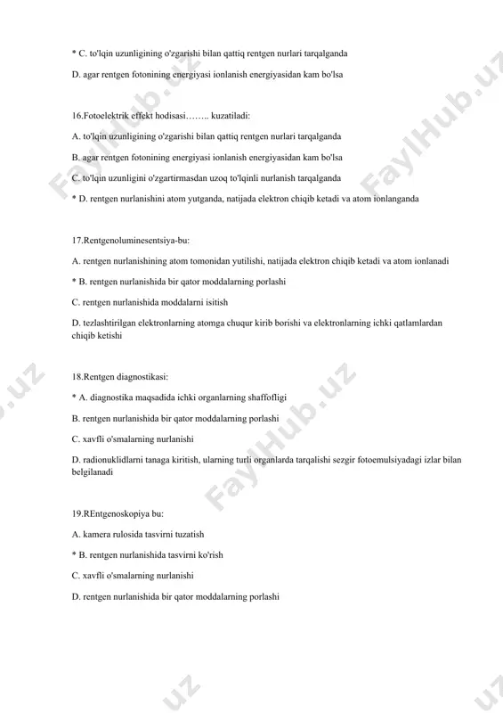 nurlanishi *c. qisqa to'lqinli nurlanish d. har qanday rentgen nurlari 28.yumshoq rentgen nurlanishi deyiladi .. *a. uzoq to'lqinli nurlanish b. o'rta to'lqin uzunliklarining nurlanishi c. qisqa to'lqinli nurlanish d. har qanday rentgen nurlari 29.rentgen naychasidagi kuchlanishning oshishi quyidagilarga olib keladi … a. faqat nurlanishning xarakterli tarkibiy qismining o'zgarishiga * b. nurlanishning spektral tarkibining o'zgarishiga c. faqat nurlanish intensivligining o'zgarishiga d. hech narsani o'zgartirmaydi 30.rentgen naychasidagi kuchlanishning oshishi quyidagilarga olib keladi … *a. xarakterli nurlanish intensivligini oshirish * b. xarakterli nurlanish intensivligini kamaytirish uchun c. xarakterli nurlanish to'lqin uzunliklarining o'zgarishiga d. hech narsani o'zgartirmaydi 31.rentgen nurlanishining qattiqligining oshishi quyidagilar bilan sodir bo'ladi … a. kolba katodining issiqlik oqimining oshishi b. kolba katodining issiqlik oqimining pasayishi c. naychadagi kuchlanishni kamaytirish *d. naychadagi kuchlanishni oshirish 32.rentgen oqimi quyidagi formula bilan aniqlanadi: ф = kiu2z . z qiymati nimani tavsiflaydi ? a. katoddan chiqadigan elektronlar soni b. mutanosiblik koeffitsienti *c. anod moddasi atomining seriya …