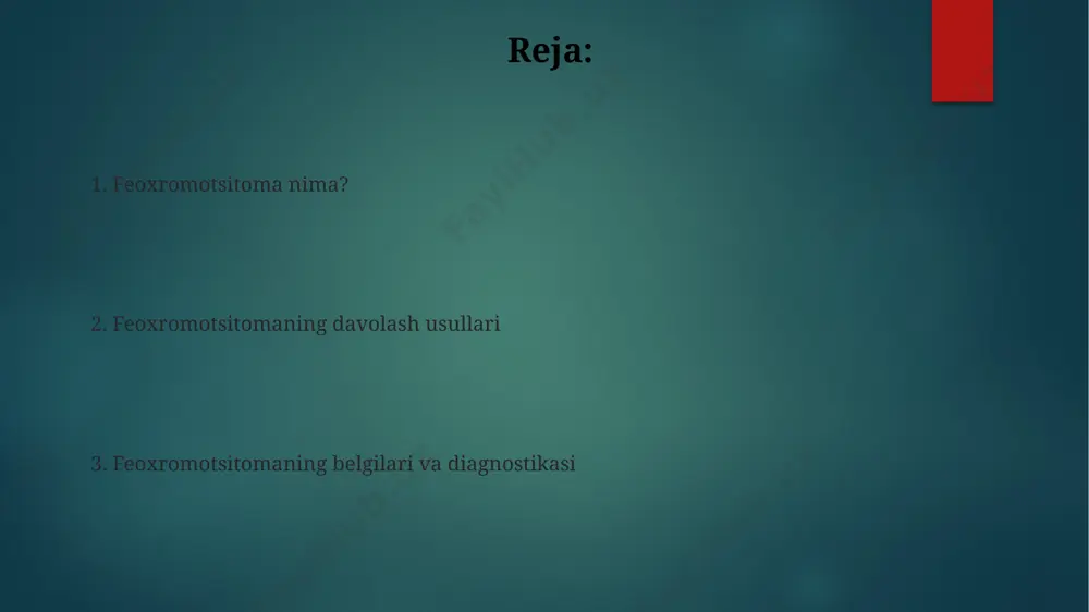 isi feoxromotsitoma diagnostikasida 24 soatlik siydikda katexolaminlar (adrenalin, noradrenalin, dopamin) va ularning metabolitlari (vma, metanefrinlar) miqdorini aniqlash juda muhim bo'lib, 90% dan ortiq hollarda yuqori natijalar kuzatiladi. feoxromotsitomaning differensial diagnostikasi gipertenziya, buyrak usti bezining boshqa o'smalari, simpatik nerv sistemasining boshqa kasalliklari bilan o'tkaziladi va taxminan 10% hollarda adenoma bilan chalkashib ketishi mumkin. dori-darmonlar bilan davolash metyldopa kabi markaziy ta'sir qiluvchi dorilar qon bosimini pasaytirishda qo'shimcha yordam beradi va pheochromocytoma bilan bog'liq gipertenziv krizlarni oldini olishda qo'llanilishi mumkin. β-adrenerjik blokerlar, masalan, propranolol, taxikardiyani va boshqa simptomatik namoyon bo'lishni kamaytirish uchun α-blokerlar bilan birgalikda qo'llaniladi, ammo ularni α-blokerlardan oldin qo'llash mumkin emas. feoxromotsitoma nima? taxminan 10% hollarda feoxromotsitoma o'sma bir nechta joylarda, masalan, buyrak usti bezlarining ikkalasida yoki boshqa xromofin to'qimalarida uchraydi, bu esa davolashni murakkablashtiradi. feoxromotsitoma kasalligiga chalingan bemorlarda 100 dan ortiq turli xil simptomlar kuzatilishi mumkin, ularning ko'pchiligi yurak-qon tomir tizimiga ta'sir qiladi, jumladan, taxikardiya, bosh og'rig'i va terlash. savol …