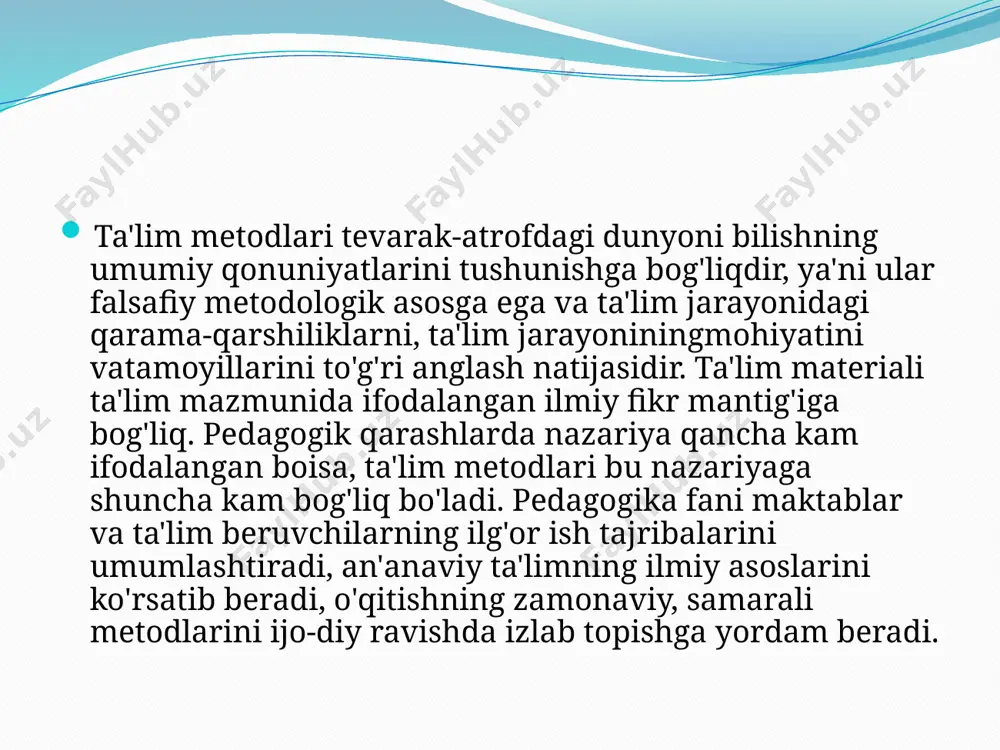 oni bajarishga oid tahlil qilish; tahlilda faol qatnashish; muammoning bajarilishi asosida -o’qituvchi tushuntirishlarini o’quv matеrialini izchil bayon etish 2-variant. ma'ruzadan oldin bolalar faoliyatidan o’tgan omillarni, odatdagi muloqot yo’li bilan o’rganilgan bilimlarni tahlil etish. bu variantda ma'ruza bolalar faoliyatidan o’tgan omillarni, bilimlarni tahlil qilish asosida tashkil etiladi. 3-variant. oldin o’rganilgan bilimlar bilan bugungi yangi o’quv matеriali o’zaro daxldor bo’lsa, bilimlarni esga tushirish maqsadida suhbat o’tkaziladi. suhbat yo’li bilan o’rganilgan va endi o’rganiladigan bilimlar o’rtasida tabiiy bog’lanish hosil qilinadi. ma'ruza shu bog’lanishning davomi sifatida o’tkaziladi. o’quvchi faoliyati -ko’rgazma qurolni tahlil etish; -qo’yilgan muammo to’g’risida o’ylash; -o’qituvchi tushuntirishlarini tinglash; -xulosalarni esda olib qolish; - bilimlarni o’quv va hayotiy sharoitlarga tatbiq qilish. 4-variant. ko’rsatma qurollarda bеrilgan omillarni tahlil qilish asosida ma'ruza tashkil etilganda, quyidagicha ko’rinishni oladi. - o’qituvchi faoliyati ko’rgazma qurolni tahlil ettirish; - bolalar oldiga muammolar qo’yish; - qo’yilgan muammo asosida bilim-larni izchil bayon etish; - xulosalar chiqarish; - bilimlarni o’quv sharoitlariga tatbiq …