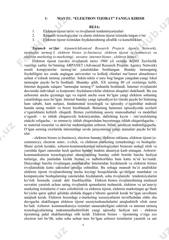 maydi. jahon global tarmog‘i iqtisodiyoti xususiyatlarini tahlil qilish va tashkilot, korxonalarning elektron tijorat sohasidagi tajribasini o‘rganish bilan yangi kategoriyalar va tushunchalarning o‘zaro ta’siri hamda ularning o‘zaro bo‘ysunish darajasini aks ettiruvchi modellarni tuzish va bugungi kun talablariga mos keladigan ta’riflarni shakllantirish mumkin. model asosida u yoki bu tijorat faoliyati shakliga mos tijoriy jarayonlar qatorida biznes, tijorat, savdo, marketing turadi. bunda elektron biznesni amaliyotda qo‘llanishining to‘rt asosiy bosqichi -marketing, ishlab chiqarish, savdo, to‘lovlar jarayonlari nazarda tutiladi. axborot, kommunikatsiya texnologiyalari va tizimlarini qo‘llash darajasi chegara (o‘lchov) bo‘lib, u bo‘yicha biznes (tijorat, savdo)ni elektron deb hisoblasa bo‘ladi. ammo bugungi kunda electron tijorat jarayonlarning anchagina qismi zamonaviy innovatsion texnologiyalarni ishlatmasdan turib amalga oshirilmoqda. bu xolat esa "tijorat" va "elektron tijorat" tushunchalarini mustaqil kategoriyalar sifatida ajratishga imkon beradi, ammo ular orasidagi prinsipial farq asta-sekin yo‘qolib bormoqda. ko‘p holatlarda an’anaviy marketing faoliyati - tijorat tahlili (bi - business intelligence), iste’molchilar bilan aloqalarni boshqarish (crm - customer relations …