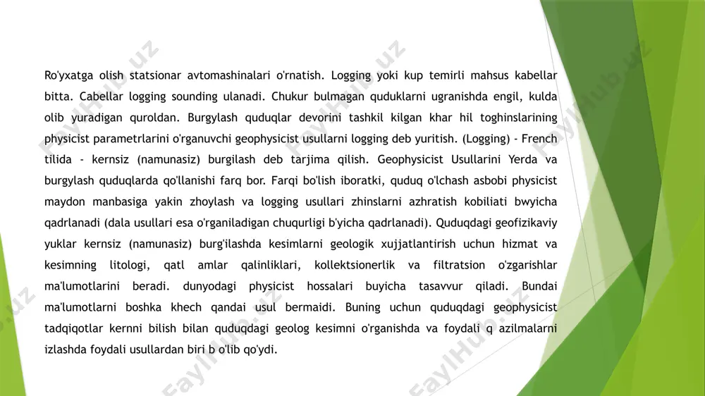 an ajralib turishidan foydalanib geologik kesimlar tuziladi. sunʼiy radioaktiv karotaj usullari: 2.gamma-gamma karotaj ggk- bu usulda burgʼi qudugʼidagi togʼ jinslari gamma nurlari bilan taʼsirlantiriladi va shu jinslarda qayta radioaktiv nurlanishlar tekshirilib, togʼ jinslari va maʼdanlarning tarkiblari va xususiyatlari oʼrganiladi. 3.neytron-gamma karotaj - bu usulda burgʼi qudugʼidagi togʼ jinslari neytronlar bilan nurlantirilib tekshiriladi. togʼ jinslarining radioaktiv zarrachalar bilan oʼzaro taʼsirlanishi har xil boʼlgani uchun koʼrsatilgan radioaktiv karotaj usullari oʼz navbatida yana bir-nechta usullarga boʼlinadi. hozirgi kunda neytronli-gamma karotaj ngk, neytron-neytronli karotaj nnk, impuls-neytronli karotaj ink, faollashma neytron karotaj nаk,entgen-radiometrik karotaj rrk, gamma-spektrometrik karotaj gsk, uran konlarida bir onli neytronlar boʼlinishi karotaji kndm va boshqa radioaktiv karotaj usullari qoʼllaniladi. radioaktiv karotaj usullari elektr usullariga nisbatan bir qancha afzalikka ega. radioaktiv karotaj tadqiqotlarini (usullarini) temir quvurlar bilan mustahkamlangan burgʼi quduqlarining ichida oʼtkazilsa ham boʼladi. bu usullar yordamida tabiiy kon maʼdanlarining mineral tarkiblarini, togʼ inslarining fizik xususiyatlarining (gillilik, zichlik, gʼovaklik radioaktivlik va h.k) aniqlash …