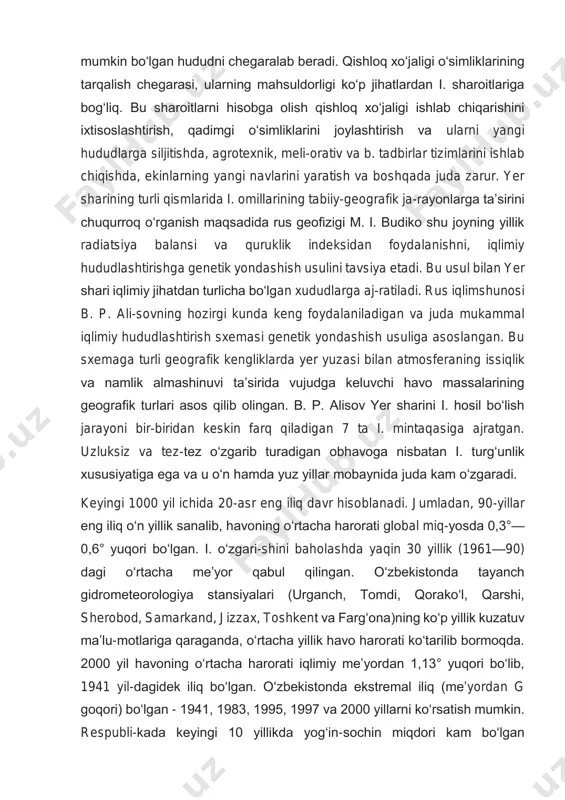 har koʻchalari, maydonlari va h. k. taʼsirida bir necha yuz yoki bir necha oʻn m masofada oʻzgacha boʻlishi joyning mikroiqlimiy sharoitlari deb ataladi. yer sharida i.ning nihoyatda turli-tuman boʻlishi iqlimiy hududlashtirishni, yaʼni mintaqa (akvatoriya)larni iqlimiy tafovutga qarab qismlarga ajratishni taqozo qiladi. iqlimiy chegaralarni aniqlashda, koʻpincha, tabiiy chegaralardan foydalaniladi. iqlimiy hududlashtirishning maxsus sxemalari amaliy iqlimshunoslik masalalarini hal etish bilan bogʻlangan boʻlib, meteorologik sharoitlarning oʻrganiladigan obʼyekt (ekinlarning rivojlanishi va hosili, transport va turli xil inshootlardan foydalanish, turli xil iqlim sharoitida inson oʻzini qanday his qilishi)ga taʼsirini tadqiq qilish natijalariga asoslangan. mac, paxtaning maʼlum navini yetishtirish uchun vegetatsiya davrida temperaturaning minimal yigʻindisi 4000° boʻlishi kerak boʻlsa, samarali harorat yigʻindisi haritadagi 4000° ga teng boʻlgan izochi-ziq paxta oʻstirish mumkin boʻlgan hududni chegaralab beradi. qishloq xoʻjaligi oʻsimliklarining tarqalish chegarasi, ularning mahsuldorligi koʻp jihatlardan i. sharoitlariga bogʻliq. bu sharoitlarni hisobga olish qishloq xoʻjaligi ishlab chiqarishini ixtisoslashtirish, qadimgi oʻsimliklarini joylashtirish va ularni yangi hududlarga siljitishda, agrotexnik, meli-orativ …