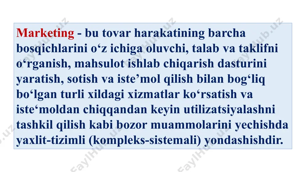 rat qilishda muhim ahamiyat kasb etadi. marketing asosida bozorni har taraflama o‘rganish yo‘nalishlarining asosiylaridan quyidagilarni ko‘rsatib o‘tish zarur: • talabni o‘rganish; • bozor tarkibini aniqlash; • tovarni o‘rganish; • raqobat sharoitlarini tadqiq qilish; • sotish shakli va uslublarini tahlil etish. marketing tadbirkorlik faoliyatining bozorda ishlash uslubi bo‘lib, iste’molchilar va ularning talab istaklarini o‘rganish, ularga mos tovarlar yaratish, narx belgilash, tovarlarni yetkazib berish, taqdim etish, sotish, xizmat ko‘rsatishni uyushtirish usullari, vositalari, tartib-qoidalari majmui hisoblanadi. bularning hammasi birinchi asosiy maqsadga talab bilan taklifni o‘zaro muvofiqlashtirishga xizmat qiladi. marketing – iste‘molchilar, bozorning aniq segmentlari talabini hisobga olish, aniqlangan talablarga mos yangi tovarni ishlab chiqish, rag‘batlantirish va reklama tadbirlari asosida uni sotishni tashkil qilish hamda tovarlar harakatini aniqlash konsepsiyasidir. konsepsiya (lot. conceptio — majmua, tizim) — biror sohaga oid qarashlar, tamoyillar tizimi, fakt va hodisalarni tushunish, anglash va izohlashning muayyan usuli, asosiy nuqtai nazar; jahon amaliyoti tajribalari asosida o‘tkazilgan izlanishlar va statistik ma’lumotlar shuni …