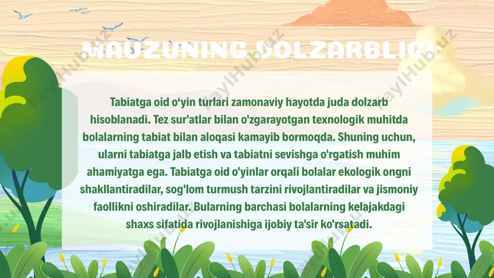 o'yinlar. o'yinda bolalar mashg'ulot, ekskursiya, kundalik hayot jarayonida olingan taassurotlarni aks ettiradilar (parrandachilik fabrikasi, issiqxona va shu kabilardagi ishlar), ular haqidagi bilimlarni egallaydilar, bunda ularda mehnatga ijodiy munosabat shakllanib, kattalarning tabiatdagi mehnatlarining ahamiyatini anglab oladilar. xulosa va tavsiyalar tabiatga oid o‘yin turlari bolalarning rivojlanishida muhim rol o'ynaydi. ular nafaqat ko'ngil ochish, balki tabiatni anglash, ekologik ongni shakllantirish, jismoniy va ijtimoiy ko'nikmalarni rivojlantirish uchun ham zarurdir. tabiat bilan aloqada bo'lish bolalar uchun yangi bilimlar va tajribalarni keltirib chiqaradi, ularni ijodiy fikrlashga va jamoa bilan ishlashga o'rgatadi. shuningdek, tabiatning go'zalligi bolalarning ruhiy holatini yaxshilaydi va ularni sog'lom turmush tarziga yo'naltiradi. shuning uchun, tabiatga oid o'yinlarni rivojlantirish va ularni ta'lim jarayoniga kiritish dolzarb vazifadir. tavsiyalar bolalar uchun tabiatni muhofaza qilish, daraxt ekish yoki tozalash kabi tadbirlarni tashkil etish, shunda ular tabiatga nisbatan mas'uliyatli munosabatni o'rganadilar. tabiatga oid o'yinlarni ta'lim dasturlariga kiritish va ularni muntazam ravishda o'tkazishni rag'batlantirish. ota-onalarni tabiatga oid o'yinlarda ishtirok etishga …
