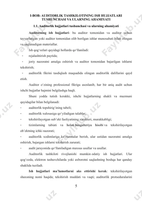vaqti; auditorlik protseduralarini amalga oshirgan shaxs; va nazorat qiluvchi shaxs (masalan, bu audit rahbari bo‘lishi mumkin). shuningdek, ushbu hujjatlar quyidagilarni o‘z ichiga olishi kerak: mijoz biznesining tavsifi, auditni rejalashtirish; tekshirilayotgan sub’ektning buxgalteriya hisobi va ichki nazorat tizimlarini dastlabki baholash, audit davomida ushbu baholashni tasdiqlash; auditorlik riskini, muhimligini baholash; auditorlik namunalarini tanlash va qurish usullari; amalga oshirilgan nazorat sinovlari; mohiyatni tekshirish tartiblari; auditorlik tekshiruvi natijalari va xulosalari; auditorning xulosalarini tasdiqlash uchun zarur bo‘lgan boshqa ma’lumotlar. muvofiqlashtirilgan auditni o‘tkazishda ishchi hujjatlarning ba’zi fayllari (papkalari) doimiy yoki joriy fayllar sifatida tasniflanishi mumkin. doimiy faylda tekshirilayotgan ob’ekt faoliyatining o‘ziga xos xususiyatlarini ochib beruvchi ma’lumotlar mavjud bo‘lib, ular yangi ma’lumotlar paydo bo‘lishi bilan yangilanadi. ushbu faylga nizomning nusxalari, davlat ro‘yxatidan o‘tkazilganligi to‘g‘risidagi guvohnomalar, litsenziyalar va shunga o‘xshash boshqa ma’lumotlar mavjud. joriy fayl ma’lum bir davr uchun audit bilan bog‘liq ma’lumotlarni o‘z ichiga oladi. ichki ish hujjatlari auditorlik tashkilotida saqlanadi va, qoida tariqasida, tekshirilayotgan shaxsga berilmaydi, …