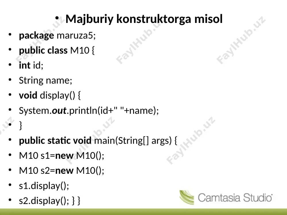 unksiya parametrlari bilan bir xil bo'lishi lozim klass meros olgan bo'lishi kerak class vehicle { void run() { system.out.println("vehicle is running"); } } class bike2 extends vehicle { void run() { system.out.println("bike is running safely"); } public static void main(string args[]){ bike2 obj = new bike2(); obj.run(); } e’tiboringiz uchun raxmat!