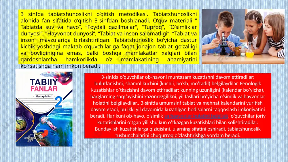 olalarning xilma-xil hissiyot va qabul qilishlaridan to’laroq foydalanish uchun ko’rgazmali qurollarni namoyish qilish bilan birga ularni gigiyena qoidalarini amaliy jihatdan bajarishga o’rgatish zarur. gigiyena bilimlarining muvaffaqiyatli egallab olinishi o’qitishning barcha xilma-xil metodlari hamda uslublarini qo’llanish bilan ta‘minlanadi. shu maqsadda “odam organizmi va uning salomatligini muhofaza qilish” mavzusini o’rganishda o’z-o’zini kuzatishdan keng foydalaniladi, uning yordamida faqat organizmda borayotgan jarayonlarni aniqlabgina qolmasdan, balki o’zining salomatlik holatini belgilash ham mumkin. odam organizmi va uning salomatligini muhofaza qilish” mavzusini o’rganishga bag’ishlangan darslarda bir necha minutni sanitar o’quvchilarning shaxsiy gigiyena qoidalarining bajarilishi to’g’risidagi qismlarga ajratish ma‘qul bo’ladi. bu bolalarni intizomli qiladi va ularda mas‘uliyat his qilishni tarbiyalaydi. gigiyena bilimlari hamda ko’nikmalarini egallab olishga bolalarni odam tanasining tuzilishi va a‘zolarining vazifalari to’g’risidagi oddiy ma‘lumotlar bilan tanishtirishga yordam beradi. bolalar odam organizmining bir butun ekanligini tushunib olishlari kerak. uchinchi sinf o’quvchilari uchun muskullar bilan qon aylanishning, muskullar bilan ovqatlanishning o’rtasidagi o’zaro bog’lanishlar to’la tushunarlidir. “nerv sistemasi” va …