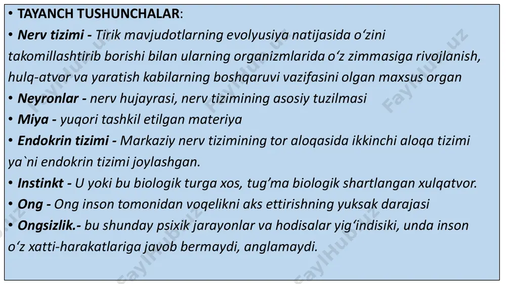 nishiga olib keladi. shuningdek, o’g’il bolalarda jinsiy yetilish davrida tashqi jinsiy belgilarning rivojlanishi tezlashishi kuzatiladi • shartsiz reflekslar – organizmning muhim hayotiy ta’sirlovchi omillar (ozuqa, xavf va shunga o‘xshashlar)ga nisbatan tug‘ma reaksiyasi. • shartli reflekslar – bu organizmning shunday reksiyalaridirki, ular tug‘ma bo‘lmasdan, hayotiy sharoitlarda orttiriladi. • retseptorlar – hissiy yoki sensor hujayralar bo‘lib, ular, ya’ni, bu ta’sirlanish, ichki yoki tashqi ta’sirlanish bo‘lishidan qat’iy nazar, u haqidagi axborotni qabul qilgandan so‘ng, o‘zgartirib, asab tizimiga etkazib beruvchi maxsus tuzilmalardir. • ruh – falsafa va din borasidagi chuqur tushuncha. ko’plab falsafa va diniy yo’nalishlarda, inson ruhi o’lmas, mavhum deb hisoblangan, uning asosiy xususiyatlari his-tuyg’u, tafakkur, ong, kechinma va irodadan iboratdir. • eksperimental psixologiya- bu barcha turdagi ilmiy-psixologik izlanishlarning umumlashuvidir . • fiziologiya (grekchadan – tabiat haqida fan) – jonli borliq haqidagi fan bo’lib, hayotning me’yoriy va g’ayritabiiy o’zgarish jarayonlarini o’rganadi. (организмлар ва улар қисмлари, тизимлари, аъзолари, тўқималари ва ҳаёт фаолиятини ўрганадиган фан). …