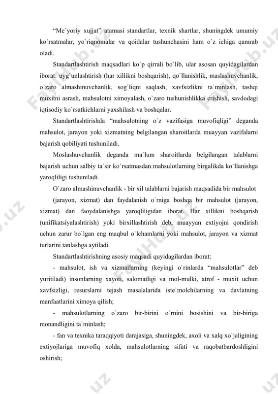va texnika taraqqiyoti darajasiga, shuningdek, axoli va xalq xo`jaligining extiyojlariga muvofiq xolda, mahsulotlarning sifati va raqobatbardoshligini oshirish; - barcha turdagi resurslarni tejashga, ishlab chiqarishni texnik-iqtisodiy ko`rsatkichlarini yaxshilashga ko`maklashish; - ijtimoiy-iqtisodiy, ilmiy-texnikaviy dasturlar va loyixalarni amalga oshirish; · tabiiy va texnogen falokatlar va boshqa favqulotda vaziyatlar yuzaga kelishi xavfini xisobga olgan xolda, xalq xo`jaligi ob`ektlarining xavfsizligini ta`minlash; · iste`molchilarni ishlab chiqarilayotgan mahsulotlar namenklaturasi va sifati to`g`risidagi to`liq va ishonchli axborotlar bilan ta`minlash; · mudofa qobiliyatini va safarbarlikka tayyorgarlikni ta`minlash; · o`lchashlarning yagonaligini ta`minlash; · ishlab chiqaruvchi (sotuvchi, bajaruvchi) mahsulot sifati to`g`risidagi ma`lum qilgan ko`rsatkichlarni tasdiqlash. standartlashtirishning asosiy vazifalari quyidagilardan iborat: - iste`molchi va davlatning manfaatlari yo`lida mahsulotning sifati va nomlariga nisbatan eng maqbul talablarni qo`yish; · davlat, respublika fuqorolari va chet el extiyoji uchun tayyorlangan mahsulotga kerakli talablarni belgilovchi me`yoriy xujjatlar tizimini va uni ishlab chiqarish qoidalarini yaratish, ishlab chiqish va qo`llash, shuningdek xujjatlarni nazorat qilish; · standart talablarining sanoati rivojlangan …