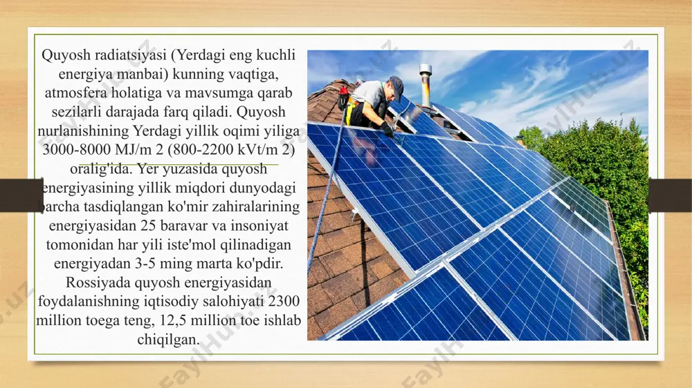 iy salohiyati 2000 million tse ga teng, 10 million tse ishlab chiqilgan. (qarang shamol elektr stansiyasi, shamol energiyasi). okean manbalariga jahon okeanidagi oqimlarning energiyasi, to'lqinlar, to'lqinlar, chuchuk va sho'r dengiz suvlarining aralashmasi, okeanlarning tropik mintaqalarida suvning sirt va chuqur qatlamlari o'rtasida mavjud bo'lgan harorat farqlari (gradientlar) kiradi. texnik jihatdan amalga oshirish uchun faqat eng katta oqimlarni, yuqori amplitudali to'lqinlarni, daryo oqimi va dengiz suvi o'rtasida sho'rlanishda sezilarli farq bo'lgan va 20 ° c harorat farqi bo'lgan okean hududlarini ishlab chiqish tavsiya etiladi, bunda karno tsikli bo'lishi mumkin. samarali amalga oshirildi. to'lqinli elektr stantsiyalarining (pes) ishlashi to'lqin energiyasini aylantirishga asoslangan. eng mashhurlari: brittani shahrida (fransiya) joylashgan 240 mvt quvvatga ega ies va barents dengizi sohilidagi kisla ko'rfazida (rossiya) quvvati 400 kvt bo'lgan kichik tajriba stansiyasi. rossiyada suv oqimini rivojlantirish bo'yicha istiqbolli loyihalar orasida oq dengizdagi mezen ies (19 200 mvt) va oxot dengizidagi tug'ur ies (7 980 mvt) mavjud jahon okeanida …