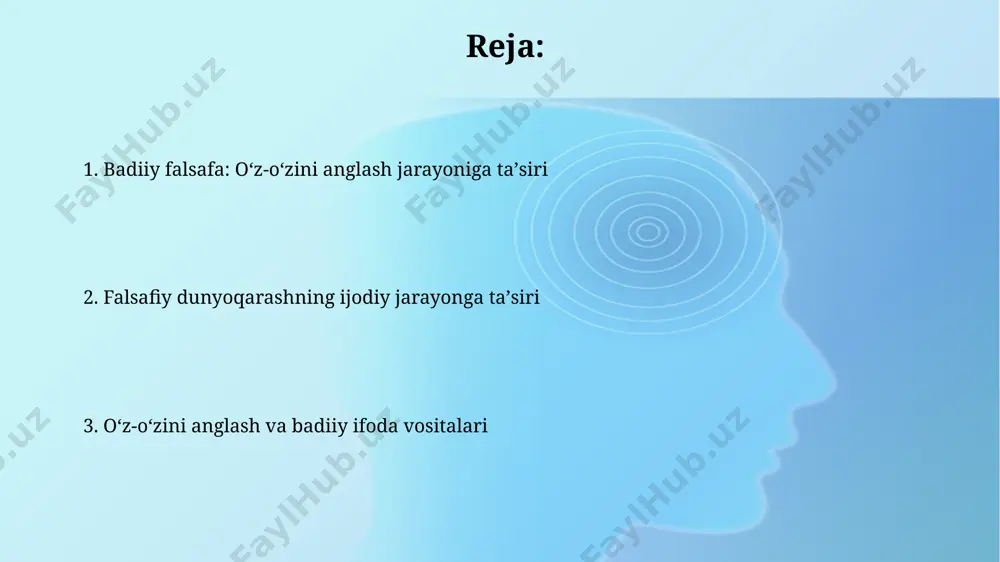 iriga bogʻliq. dunyoqarash va ijodiy jarayon o'rtasidagi bog'liqlik 19-asr germaniyasida paydo bo'lgan ekspresionizm oqimi, 2 ta asosiy falsafiy konsepsiya – irrasiolizm va ekzistensializmning ta'sirida, rassomlarning o'z-o'zini anglash jarayoniga chuqur psixologik ta'sir ko'rsatib, ijodkorlarning ichki dunyosini ifoda etishga yo'naltirilgan. dunyoqarash, 18-asr evropa rassomchiligi misolida ko'rsatilganidek, ijodkorning asarlariga 3ta asosiy estetik tamoyilni – klassizm, rokoko va gotikani – o'ziga xos tarzda singdirib, uning shaxsiy o'z-o'zini anglash jarayoniga ta'sir qilgan. ekzistensializm va ijodiy shaxs ekzistensializmning 20-asrning o'rtalarida parij kabi shaharlarda paydo bo'lishi, ijodkorlarning o'z mavjudligiga 3 xil munosabatini shakllantirishga ta'sir ko'rsatdi. sartre va kamyu kabi 2 ta yirik ekzistensialist faylasuflarning asarlari, markaziy osiyo ijodkorlari uchun 5 ta turli yo'nalishda o'z-o'zini anglash jarayoniga ta'sir qildi. o'z-o'zini anglashning turli darajalari oʻz-oʻzini anglashning birinchi darajasi, taxminan 7 yoshgacha boʻlgan bolalarda kuzatiladi, ular oʻzlarini jismoniy xususiyatlari orqali aniqlaydilar, masalan, "men qizman, koʻzim koʻk". bu samarqanddagi tadqiqotlar natijalariga asoslangan. uchinch daraja, kattalar davrida rivojlanadi va oʻzining noyob qadriyatlari, …