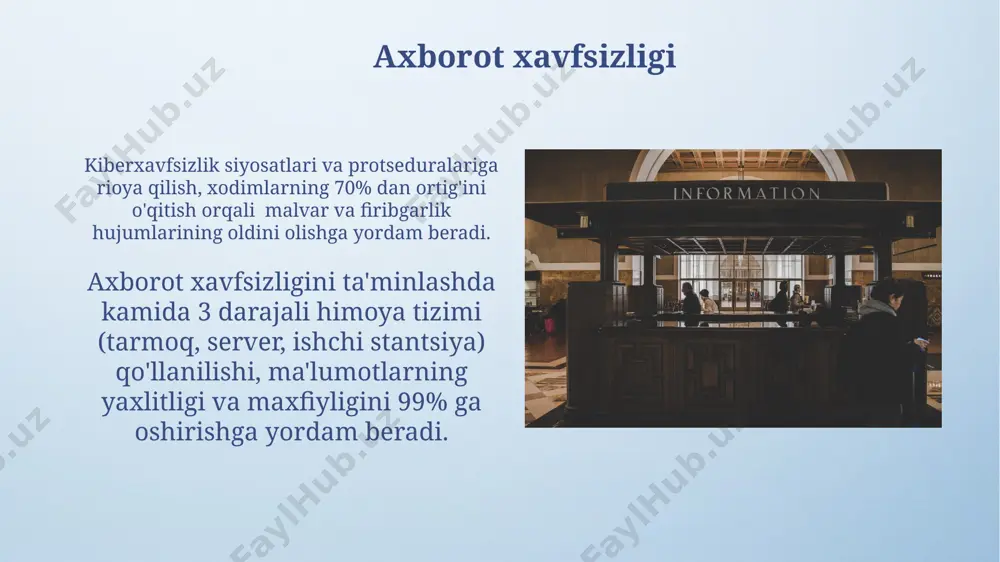 aydi, 5 dan ortiq xavfsizlik darajalarini qo'llab-quvvatlaydi. internet va veb-texnologiyalar internet global tarmoq bo'lib, 4 milliarddan ortiq foydalanuvchini birlashtiradi va millionlab veb-saytlar, xizmatlar va ilovalarni o'z ichiga oladi, bu esa ma'lumot almashinuvini sezilarli darajada tezlashtiradi. veb-texnologiyalar, html, css va javascript kabi tillardan foydalanib, interfaol va dinamik veb-saytlar yaratishga imkon beradi, shuningdek, server tomonli texnologiyalar, masalan, php yoki python, ma'lumotlar bazalari bilan ishlashga yordam beradi. tarmoq texnologiyalari tarmoq texnologiyalari osi modeli 7 ta qatlamdan iborat bo'lib, har bir qatlam ma'lum funksiyalarni bajaradi va ma'lumotlar uzatish jarayonini boshqaradi, shu jumladan, fizik, kanal va tarmoq qatlamlarini o'z ichiga oladi. ip adreslari (internet protocol) tarmoqdagi qurilmalarni aniqlash uchun ishlatiladi va 32 bit yoki 128 bit (ipv4 va ipv6) uzunlikdagi raqamli ko'rinishda bo'ladi, ularning har biri noyobdir. sun'iy intellekt va mashinaviy o'rganish mashinaviy o'rganish modellari 1000 dan ortiq xususiyatlarni tahlil qilib, mijozlarning xatti-harakatlarini bashorat qilish va shaxsiylashtirilgan marketing strategiyasini ishlab chiqish imkonini beradi. katta ma'lumotlar …