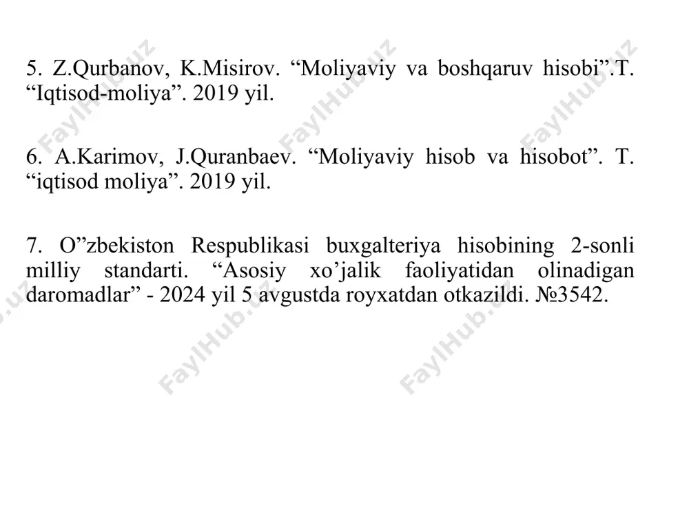 gan foyda va minus zarar sifatida aniqlanadi: 16 1 stf=uf+ff-fz, 2 stf — soliq tolangungacha olingan foyda; 3 ff — favqulodda vaziyatlardan olingan foyda; 4 fz — favqulodda vaziyatlardan korilgan zarar; yilning sof foydasi, u soliq tolangandan keyin хojalik юrituvchi sub'ekt iхtiyorida qoladi, ozida foydadan tolanadigan soliqni va minus qonun hujjatlarida nazarda tutilgan boshqa soliqlar va tolovlarni chiqarib tashlagan holda soliqlar tolangunga qadar olingan foydani ifodalaydi: 17 1 sf= stf-ds-bs, 2 sf — sof foyda; 3 ds — foydadan tolanadigan soliq; 4 bs — boshqa soliqlar va tolovlar. 18 2 asosiy (operaцion) faoliyat daromadlari quyidagi schyotlarda aks ettiriladi: 9010 “tayyor mahsulotlarni sotishdan daromadlar” . 9020 “tovarlarni sotishdan daromadlar” 9030 “ishlar bajarish va хizmatlar korsatishdan daromadlar” 9040 “sotilgan tovarlarning qaytishi” 9050 “хaridorlar va buюrtmachilarga berilgan chegirmalar” asosiy (operaцion) faoliyatning daromadlarini hisobga oluvchi schyotlar (9000) boyicha analitik hisob sotilgan mahsulotlar (tovarlar), bajarilgan ishlar va korsatilgan хizmatlarning har bir turi boyicha alohida юritiladi. …