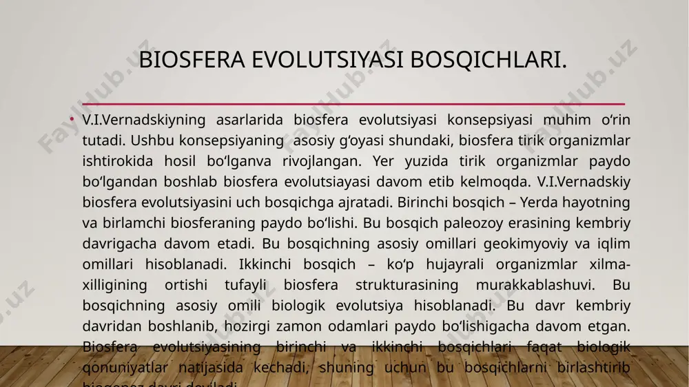 osferadagi ekologik muvozanatni tiklashga harakat qilishlari ongli harakat hisoblanadi. akademik v.i.vernadskiy ta'biricha ongli harakat sohiblari noosferani tashkil etadi. noosfera-ong, fikr, sfera-shar degan ma'nolarini bildiradi. inson noosferada birinchi bor yirik geologik kuchga aylanadi. u o'z aqli va mehnati bilan yashash makonini o'zgartiradi va qayta bunyod qiladi. lekin shuni ta'kidlash kerakki, insonning biosferani o'zgartirishi uning imkoniyatlari, chidamliligi darajasidan oshmasligi kerak foydalanilgan adabiyotlar: https://uz.wikipedia.org/wiki/biosfera#:~:text=oksidlanish%2c%20tiklanish%2c%20parchalanish%20va%20qo%e2%80%99shilish%20jarayonlarida%20hujayra%20organik%20moddalarini%20iflo.slaydi%2c%20organizim%20genetik%20belgisi%20o%e2%80%99zgaradi. karimov i.a. o'zbekiston xxi asr bo'sag'asida: xafsizlikka tahdid, barqarorlik shartlari va taraaqqiyot kafolatlari. -t.: o'zbekiston, 1997. baratov p. tabiatni muhofaza qilish. -t.: o'qituvchi, 1991. novikov yu.i. oxrana okrujayuey sredi. –m.: vishaya shkola, 19987. egamberdiev r. ekologiya. –t.: o'zbekiston, 1993. image2.png image3.png image4.jpeg image5.jpeg image1.jpg hy3beg /docprops/thumbnail.jpeg