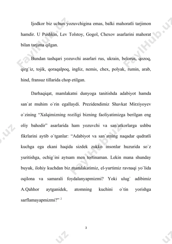 iste`dodi, ijodiga xos bosh xususiyatlarini, ularning yutuq hamda kamchiliklarini aksari bexato belgilab olar, yutuqlari haqida quvonib, kamchiliklari to`g`risida esa kuyunib gapirar edi.4 darhaqiqat, yuqorida aytilganidan ham sezishimiz mumkinki, ijodkor-tanqidchi o`zining keskir qalami bilan hech kimni ayamagan taniqli yozuvchi said ahmad ijodidagi yutuq hamda kamchiliklardan so`zlar ekan: “bir oz shoshiladi kerakli o`rinlarda ehtirosni jilovlay olmaydi, goho kitobxon kulavermasa, qitiqlab kuldirishga, yig`layvermasa, ko`ziga piyoz surtib yig`latishga urinadi.” deb fikr bildirganlar. hamisha haq gapni aytgan, haqiqat oldida hech kimni hatto, o`zini ham agar yozuvchi o`z asarlariga bildirilgan fikrlarni (tanqidlarni) diqqat bilan tinglar, o`zidan yoshmi yo kattami fikrlarini hurmat qilishga intilardi. bir guruh yozuvchilar bilan bo`lgan uchrashuvda tanqidchi ijodkor bilan kitobxon orasida qorabotir emas, do`st-tilmoch bilishi kerakligini chiroyli misollar orqali tushuntirib o`tadilar: “tanqidchi – bamisoli mehribon doya kabi yangi tug`ilgan yaxshi asarni yo`rgaklab olishi lozim.” 5 haqiqatdan ham, yozuvchi yuqorida keltirilgan misollarini biz hech qayerda uchratmaymiz. shunday chiroyli o`xshatishlar bilan tushintirganlarki, aytgan misollarda hech …