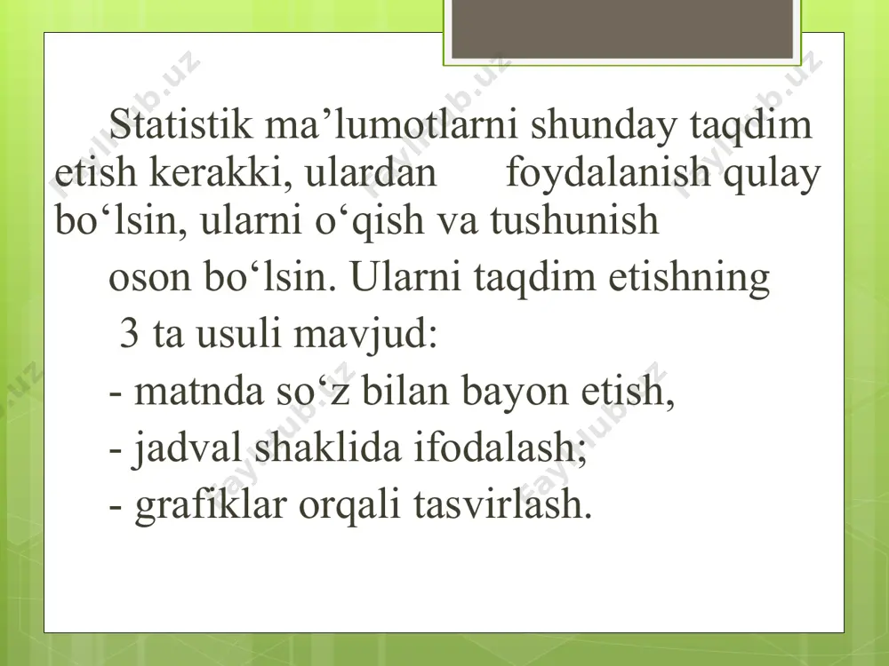 inata o’qlari turlicha bo’ladi. ya’ni abstsissa o’qida chastotalar yig’indisi, ordinata o’qida esa variatsion qator darajalari ifodalanadi. statistik grafiklar statistika xaritalari – grafik tasvirlash shakllaridan biri bo’lib, statistik ma’lumotlarni hududlar bo’yicha joylanishini chizmali geografik xaritalarda ifodalanishidir. hududlar bo’yicha tasvirlash vositasi bo’lib shtrixli chiziqlar, fonli bo’yash yoki geometrik shakllar hisoblanadi. statistik grafiklar xaritagramma – bu sxematik geografik xarita bo’lib, xaritada tasvirlangan hududlarni ularga tegishli hodisa va jarayonlar xususiyati, sifat yoki miqdor ko’rsatkichi bo’yicha shtrixli nuqta yoki chiziqlar, turli xil ranglar orqali tasvirlashdir. /docprops/thumbnail.jpeg