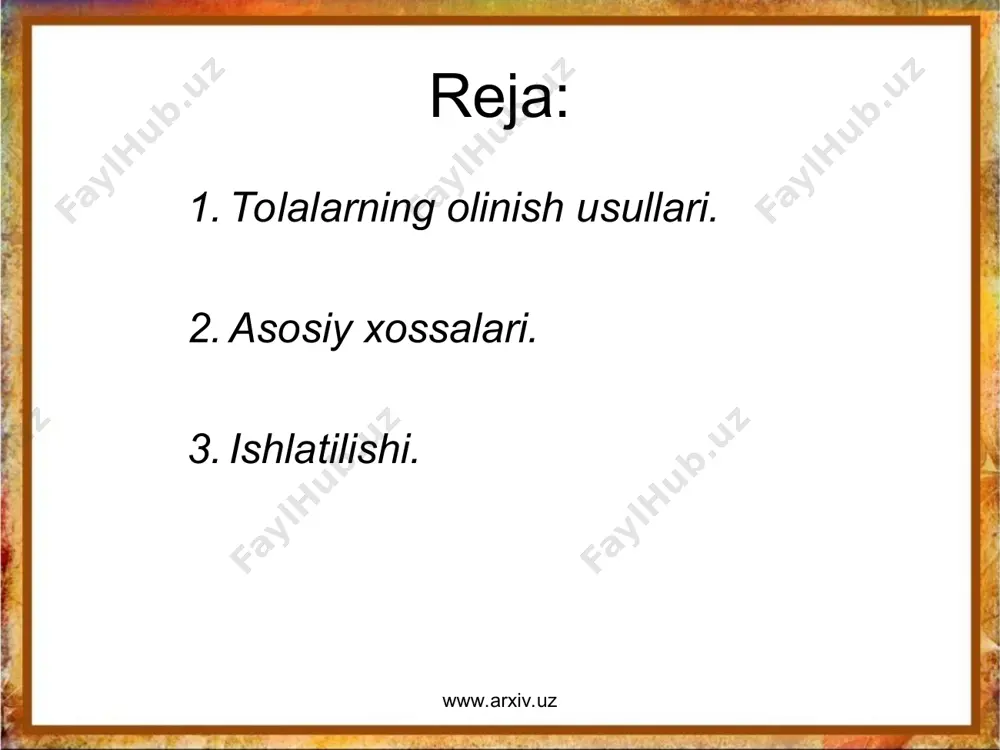 lьera-maxsus metaldan yasalgan asbob 66, xar 1sm3 yuzada 500 ga yakin eshikchalari bor.) uchinchi boskich- tolani padozlash operatsiyalaridan iborat. uzbekiston kimyo sanoatining kimyoviy tolalar ishlab chikaradigan tarmogi yaxshi yulga kuyilgan. fargona otsetat ipak (sun’iy tola) zavodi, navoiy nitron tolasi (jun urnida ishlatiladigan sitetik tola) zavodi shular jumlasidandir. uzbekistonda tsellgoloza atsetat zavodlari xam bulib, ularda ishlab chikariladigan tsellyuloza atsetotdan diatsetet va triatsetat kabi sun’iy tola olinadi. www.arxiv.uz www.arxiv.uz www.arxiv.uz www.arxiv.uz iii va iv sort paxta linti xom ashyo sifatida ishlatilad. tsellyuloza, undan esa tsellonitron tola olinadi. meditsina maksadlari uchun ishlatiladigan suvda eriydigan atsetat tolalar xam yaratilmokda, ular karboksimetiltsellyulozadan yoki atsetat tsellyulozani kislotada gidrolizlab olinadi. kimyoviy tola ishlab chikarishning usishiga kuyidagilar sabab bulmokda: kimyoviy tolalarning ijobiy fizik-mexanik va ekspluatatsion xossalari. ularni kupligi (neftь, gaz, toshkumir, yogoch, kishlok xujalik chikindilari va x.k.) xamda bu xom ashyo zaxiralarining kupligi. kimyoviy tola ishlab chikarishda texnik-iktisodiy kursatkichlar tabiiy tola ishlab chikarishdagiga karaganda yukori. masalan: 1t paxta …