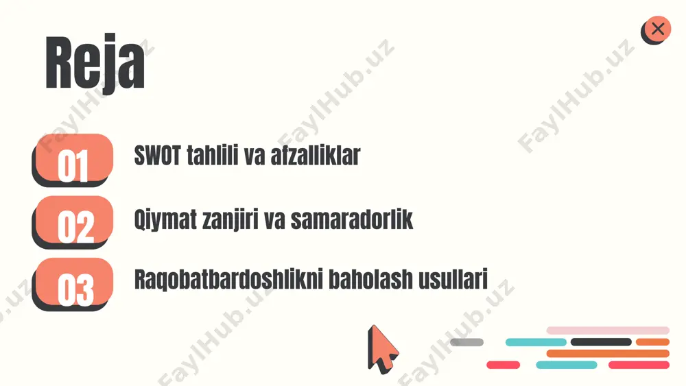 atadi. zaif tomonlar tashkilotning zaif tomonlari ko'pincha ichki muammolar, resurs yetishmovchiligi yoki noto'g'ri strategik qarorlar sifatida ko'rinadi. bunga misol sifatida, xodimlarning malakasi, texnologik jihatdan orqada qolish yoki marketing strategiyalarining samaradorligi kiritilishi mumkin. tashkilotimizda eng asosiy qiyinchiliklar orasida resurslarni samarali taqsimlash, ichki kommunikatsiyalarni yaxshilash va raqobatchilarning talablariga moslashish muammolari mavjud. bu muammolar tashkilotning o'sishiga to'sqinlik qilishi mumkin. bu zaif tomonlarni bartaraf etish uchun bir qator strategiyalarni ishlab chiqish zarur. ular orasida xodimlarni malakasini oshirish, texnologiyalarga investitsiya qilish va marketing strategiyalarini yangilash kabi choralar mavjud. photo by altumcode on unsplash 1 2 3 imkoniyatlar tashkilot uchun bozor sharoitlariga moslashish imkoniyatlari mavjud. innovatsiyalar va o'zgaruvchan talablar yordamida raqobatbardoshligini oshirish mumkin. bozor tendentsiyalari va yangi innovatsiyalar tashkilotning o'sish strategiyasini shakllantirishda muhim rol o'ynaydi. yangi mahsulotlar yoki xizmatlarni joriy etish orqali mijozlar ehtiyojlarini qondirish va bozorda o'z o'rnini mustahkamlash mumkin. tahdidlar tashkilotga ta'sir ko'rsatishi mumkin bo'lgan tahdidlar, raqobatchilar va bozor sharoitlari muhim omillardir. raqobatchilar kuchli …