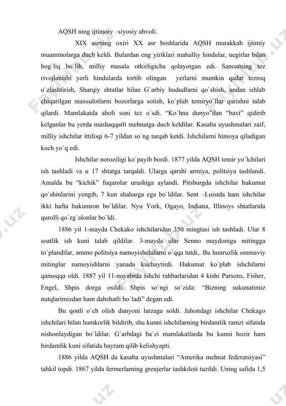 tahkil topdi. 1867 yilda fermerlarning grenjerlar tashkiloti tuzildi. uning safida 1,5 million a`zosi bo`lib, 32 shtatda bo`limlari bo`lgan. xix asrning 60 yillar oxirida o`rta - g`arbdagi agrar shtatlarda fermerlarning harakati boshlanib ketdi. bu harakat tarixda grenjerlar harakati deb nom oldi. “grensh” – “fermer” degani aqsh da qishloq xo`jaligida noroziliklar fermerlar harakati ko`rinishida bo`lib o`tgan agror shtatlar illinoes, vesponsin, ayova, minnisota, ko`p o`tmay grenjlar harakati grinbeklarga bo`shatib berildi. grinbek – “ko`k yelka” dollorining orqa tomoni degan ma`noni anglatadi. fuqarolar urushidan so`ng mamlakatda 450 milliard qog`oz pul chiqarilgan. uushdan so`ng bu pullarning kursi 50 % ga tushib ketdi. bankerlar va omonatchilar uni bekor qilishni talab etdi. hukumat 1875 yil uni tillaga ayirish va sekin –asta mulklarga chiqish yo`lini tutdi. ammo fermerlar bunga qarshilik ko`rsatgan edilar. 1875-1876 yillarda grinbeklar ittifoqi tuzilgan edi. hatto ular 1878 yil saylovlarda 1 mln. ovoz va kongresda 15 o`rin olgan edilar. ammo keyin sayovlarda bu partiyaning ta`siri ham, …