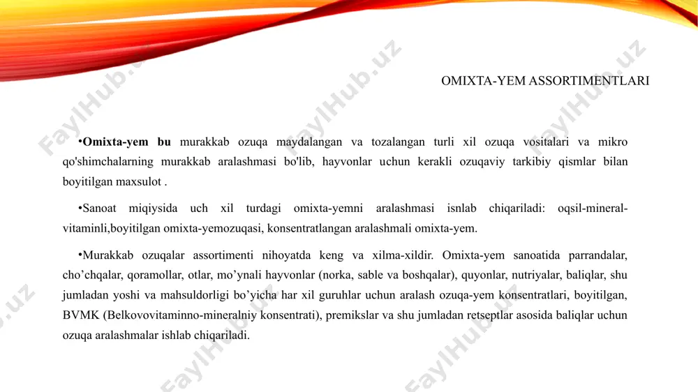 da saqlanishini ta’minlaydi. ekspanidatsiya ozuqa ishlab chiqarishning bir qator bosqichlarni o’z ichiga oladi. tozalash va maydalash. ekspanidatsiyadan oldin xomashyo metall-magnit aralashmalaridan tozalanadi va maydalaniladi. tayyor ozuqaning hazm bo’lishi maydalash sifatiga, granulometrik tarkibga va maydalashning bir xilligiga bog’liq bo’ladi. ekspanidatsiya aralash ozuqa ishlab chiqarishda maydalash vallari o’zlarini eng yaxshi tomonlarini isbotladilar. ular yaxshi silliqlanish natijalarini beradi va shu bilan texnologik jarayonda maydalangan mahsulotning barcha zarralarini bir xil ishlov berilishini ta’minlaydi. valli maydalagichning elektr quvvati bolg’a maydalagichlardan 2,5 baravar kam. gidrotermik ishlov berish. maydalangan mahsulot mikserkonditsionerga (skt) kiradi, u yerda u to’yingan bug’ bilan ishlanadi (80–90°cgacha). skt valining optimal aylanish tezligi zarrachalarning bug’ bilan bir xil aralashishini, bir xil isitishni va yuqori sifatli namlanishni ta’minlaydi. gidrotermik ishlovdan so’ng xomashyo dozirovka shneklari orqali ekspanidatsiyalash uchun yuboriladi. ekspanidatsiya. xomashyo sperial vint yordamida ekspander vali orqali o’tqiziladi va shu jarayonda mexanik boshqarish orqali ozuqaga har xil shakllar beriladi, masalan: uzun chiziqli, plitali yoki yumaloq shar …
