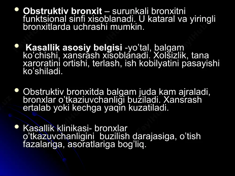 yallig’lanishga qarshi preparatlardan 20 % bemorlarda uchrashi mumkin ekan. bu bemorlarda burun va burunning yondosh bo’shliklarida polipoz aniklanadi. jismoniy zo’riqishdan so’ng bo’g’ilish xuruji kuzatilishi mumkin. bronxial astmani disgormonal varianti bemorlarda endokrin buzilishlar borligi bilan xarakterlanadi (menopauza, buyrak usti bezi etishmovchiligi). kasallik remissiya davrlarida bemor dispanser kuruvida bulishi kerak. bemor vrach tomonidan belgilangan dori vositalarini regulyar ichib turishi va o’zini predastatik xolatlarda saqlanish zarur (o’tkir va surunkali bronxit, vazomotor rinit, tarvok migren, neyrodermit, o’tkir va surunkali pnevmoniya). kasallik avj olish davrlarida bemor aktiv ravishda dori vositalarda foydalanish va vrach nazoratida bo’lib turish kerak. bu davrlarda uash qabuliga kelganda bemorni iloji boricha imkoniyatini maksimal darajasida yordam ko’rsatish va astmatik statusni oldini olish talab etiladi. bemorni axvoli mavjud dori vositalar va muolajalar natijasida yaxshilanmasligi va boshqa kasalliklar qo’shilishi, uni shifoxonaga yotqizishga ko’rsatma bo’lib xisoblanadi. davolash i. xuruj davrida (shoshilinch) yordam beriladi. (1) oksigen (kislorod) terapiyasi - namlangan holda burun konyulalari orqali 2-3l 1 …