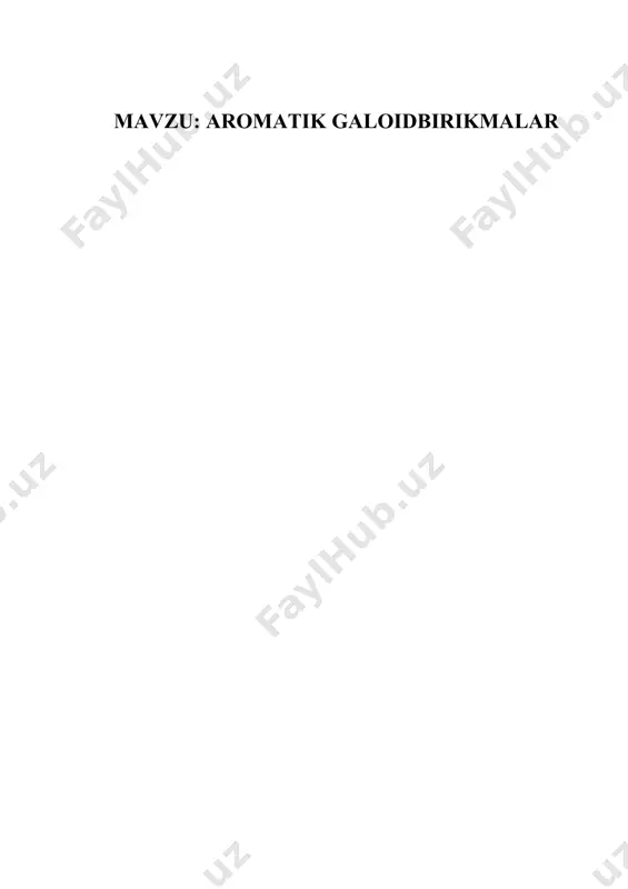 lsa difenil hosil bo‘ladi: c6h5i + 2cu c6h5-c6h5 + 2cui aromatik yadrodagi galoid atomining inertligi vinil galogeniddagiga (1,44 d ) o‘xshab, molekula dipol momentining kichikligidadir (1,58 d). benzol qatori nitrobirikmalari. aromatik uglevodorodlarni nitrolash uchun nitrat va sulfat kislotalarning 1:2 nisbatdagi aralashmasidan foydalaniladi (nitrolovchi aralashma): hno3 + 2h2so4 no2+ + h3o+ + 2hso4- hosil bo‘lgan nitroniy kationi aromatik birikmaga hujum qiladi: agar toluolga yuqori haroratda (100-1500s) suyultirilgan nitrat kislota ta’sir qilinsa, yon zanjirga nitrolash ketadi: c6h5-ch3 + hno3 c6h5-ch2no2 + h2o. agar benzolning yon zanjirida uzun radikal bo‘lsa, uning -holati nitrolanadi: adabiyot: 1. o.ya.neyland organicheskaya ximiya. m.: «viysshaya shkola». 1990. s. 89-109, 368-370. 2. a.n.nesmeyanov, n.a.nesmeyanov nachala organicheskoy ximii. kniga 1. m.: 1978. s. 66-71. 3. dj.roberts, m.kaserio osnoviy organicheskoy ximii. chast 1. m.: «mir», 1978. s. 91-116. 4. a.terney sovremennaya organicheskaya ximiya. t. 1. m.: «mir», 1991. s. 100-112. 5. dj. march organicheskaya ximiya m.: «mir». 1987. t.3. s.57-131. 6. …