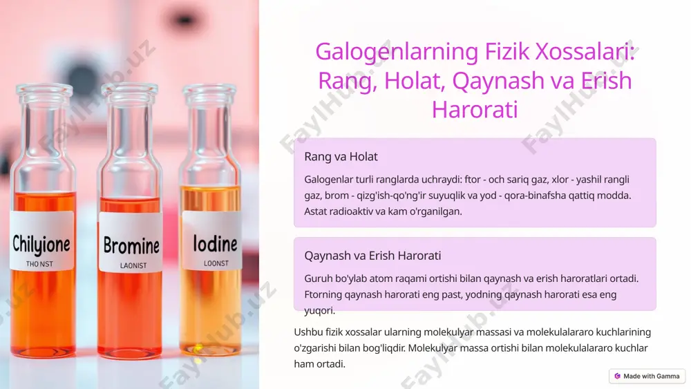 ahamiyati tabiatda uchrashi yod tabiatda dengiz suvida, yodatlangan tuz konlarida va dengiz o'simliklarida uchraydi. dengiz suvida yodning konsentratsiyasi juda past. biologik ahamiyati yod qalqonsimon bez gormonlari (tiroksin va triiodotironin) tarkibiga kiradi, ular moddalar almashinuvini tartibga soladi. yod tanqisligi gipotireozga olib kelishi mumkin. yodning biologik ahamiyati uning qalqonsimon bez faoliyatidagi roli bilan bog'liq. yod tanqisligini oldini olish uchun yodlangan tuz iste'mol qilish tavsiya etiladi. 8 galogenlarning muhim birikmalari: tuzlari va kislotalari nacl natriy xlorid (nacl) osh tuzi, oziq-ovqat sanoatida va kimyoviy sintezda keng qo'llaniladi. hcl xlorid kislota (hcl) sanoatda va laboratoriyalarda reagent sifatida ishlatiladi, me'da shirasining asosiy tarkibiy qismi. caf₂ kaltsiy ftorid (caf₂) flyuorit minerali, optik linzalar va tish pastasida ishlatiladi. galogenlarning tuzlari va kislotalari turli sohalarda muhim ahamiyatga ega. ularning xossalari va qo'llanilishi ularning kimyoviy tarkibi bilan belgilanadi. 9 xulosa va qo'shimcha ma'lumotlar 17-guruh elementlari (galogenlar) yuqori reaktivlikka ega va turli sohalarda keng qo'llaniladi. ularning fizik va kimyoviy xossalari ularning …