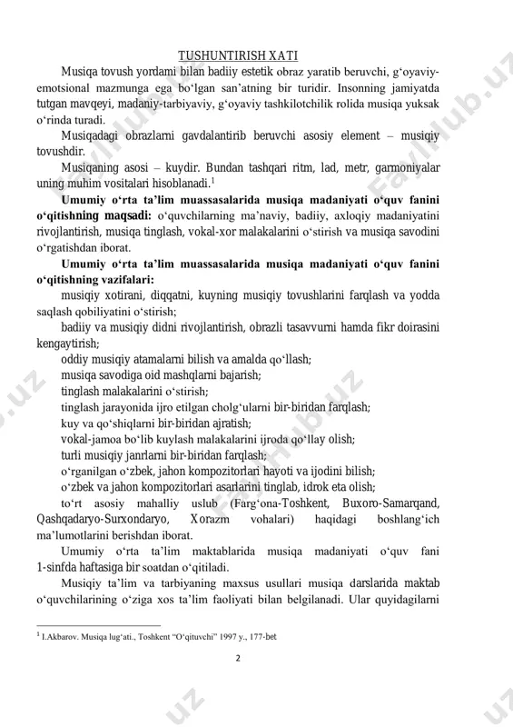 ida maktab o‘quvchilarining o‘ziga xos ta’lim faoliyati bilan belgilanadi. ular quyidagilarni 1 i.akbarov. musiqa lug‘ati., toshkent “o‘qituvchi” 1997 y., 177-bet 3 o‘z ichiga oladi: musiqani tinglash (tinglash madaniyatini o‘rganish, kuy va qo‘shiqlarni tinglash madaniyatiga rioya qilgan holda tinglash, kichik va sodda yozilgan musiqiy asarlarni tahlil qilish), jamoa bo‘lib kuylash (qo‘shiq aytish qoidalariga amal qilish, qo‘shiqni sof ohangda kuylash, qo‘shiq mazmunini tushunib kuylash), musiqa savodini o‘rganish (nota va unda aks etgan yozuvlarni o‘qiy olish, musiqiy atamalarni bilish). musiqa madaniyati o‘quv fanining mazmuni nazariy va amaliy faoliyatlar majmuasidan tashkil topadi. musiqa madaniyati darslarida o‘quvchilar boshlang‘ich musiqiy savodxonlikni, jamoa bo‘lib kuylash, xor, ansambl, orkestr, kompozitorlar va bastakorlar hamda o‘zbek xalq sozanda va xonandalarini ijodiy faoliyati, o‘zbek xalq cholg‘ularini, musiqiy atamalar hamda iboralarni, musiqa janrlari, turlari va ularning ijrochilari, milliy va jahon musiqa madaniyati bilan tanishtirish nazarda tutilgan. dars jarayoni quyidagi faoliyat turlari asosida amalga oshiriladi 1. musiqa tinglash 2. jamoa bo‘lib kuylash 3. …