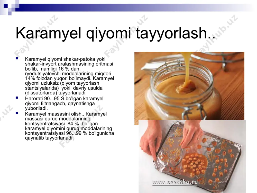 tilib, qattiq holatga keltiriladi, keyin qoliplardan chiqarib olinadi, urov qog‘oziga yoki zar qog‘oziga o‘raladi, ustidan etiketka yopishtiriladi va idishlarga joylanadi. ishlab chiqarish tartibi va usuliga qarab shokolad: oddiy, desertli, g‘ovak, tortib sotiladigan va shokolad kukuni turla­riga bo‘linadi. karamel. karamel shakar-patoka sharbatining namligi 3% li oynasimon massa hosil bo‘lgunga qadar qaynatish yo‘li bilan ishlab chiqariladi. qaynatilgandan keyin issiq karamel massasiga bo‘yoq va xushbo‘y moddalar, essentsiyalar va ozuka kislotalari kushish yo‘li bilan mahsulotlar tayyorlanadi. tayyorlash usuli, nachinkasining tarkibi va turiga ko‘ra ka­ramel: yaltiroq yumshoq (solomka), shakldor, shokolad bilan sirlangan karamellarga bo‘linadi. karamel ochiq va qog‘ozga o‘ralgan holda ishlab chiqariladi. yaltiroq karamel nachinkasi karamel massasidan tayyor­lanadi. ko‘p tarqalgan turlari: “barbaris”, “teatralnaya”, “prozrachnaya”, “myatnaya” va boshqalar. nachinkali karamel ust qismi va qoliplash vaqtida ichiga to‘ldirilgan nachinkadan tuziladi. nachinka mevali, meva va rezavor mevali, sutli, yong‘oqli (maydalanib qovurilgan va shakar bilak aralashtirilgan), shokoladli, shokolad-yong‘oqli, salqinlatuvchi (qand talqoniga yalpiz yog‘i yoki essentsiyasi qo‘shilgan kokos yog‘i aralashtirish …