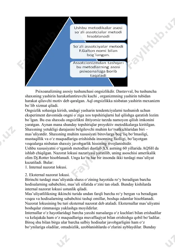 shunday topshiriqlar proyektiv metodikalarga kiritilgan. shaxsning yetukligi darajasini belgilovchi muhim ko‘rsatkichlaridan biri – mas’uliyatdir. shaxsning muhim xususiyati birovlarga bog‘liq bo‘lmasligi, mustaqillik va o‘z maqsadlariga erishishda insonning faolligi, bo‘layotgan voqealarga nisbatan shaxsiy javobgarlik hissining rivojlanishidir. ushbu xususiyatni o‘rganish metodlari dastlab xx asrning 60 yillarida aqsh da ishlab chiqilgan. nazorat lokusi nazariyasi yaratilib, uning asoschisi amerikalik olim dj.rotter hisoblanadi. unga ko‘ra har bir insonda ikki turdagi mas’uliyat kuzatiladi. bular: 1. internal nazorat lokusi. 2. eksternal nazorat lokusi. birinchi turdagi mas’uliyatda shaxs o‘zining hayotida ro‘y beradigan barcha hodisalarning sababchisi, mas’uli sifatida o‘zini tan oladi. bunday kishilarda internal nazorat lokusi ustunlik qiladi. mas’uliyatlilikning ikkinchi turida undan farqli barcha ro‘y bergan va beradigan voqea va hodisalarning sababchisi tashqi omillar, boshqa odamlar hisoblanadi. nazorat lokusining bu turi eksternal nazorat deb ataladi. eksternallar mas’uliyatni boshqalar zimmasiga yuklashga moyildirlar. internallar o‘z hayotlaridagi barcha yaxshi narsalarga o‘z kuchlari bilan erishadilar va kelajakda ham o‘z maqsadlariga muvaffaqiyat bilan erishishga qobil …