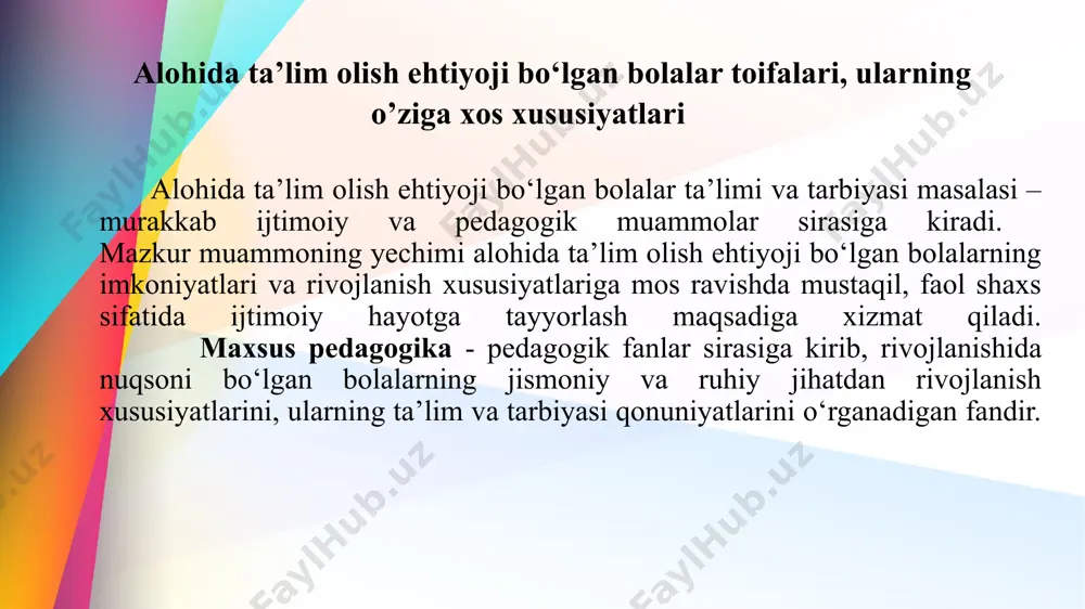 al, postnatal nuqsonlar) ijtimoiy ijtimoiy muhit prenatal (tugruqdan oldingi davr) nuqsonlar – homiladorlik davrida rivojlanayotgan homilaga ta'sir qiluvchi zararli omillar: toksikoz; zaharli, dorivor, gormonal dorilar bilan zaharlanish; jismoniy va ruhiy jarohatlar; sovuq qotish; homilador ayolning ichki kasalliklari; onanig och qolishi yoki noto’g’ri ovqatlanishi; yuqumli kasalliklarga chalinish; ona va homila qon guruhlarining o’zaro mos kelmasligi. tug’ma nuqsonlarning biologik sabablari organizmning genetik (nasliy) zararlanishi moddalar almashinuvining buzilishi; xromosomalar soni va tuzilishining o’zgarishi; alkogolizmi; narkomaniyasi; toksikomaniya. orttirilgan nuqsonlarning biologik sabablari natal (tugruq davri) davrdagi nuqsonlar - bu tug’ruq jarayonining uzoq muddat davom etishi yoki tezkor tug'ilish paytida homilaning zararlanishi (masalan, qon tomirlarining yorilishi, miyaga qon quyilishi, asfiksiya). postnatal (tug'ruqdan keying davr) davrdagi nuqsonlar yuqumli kasalliklarga chalinish (meningit, gripp, otit, qizamiq, suvchechak, pnevmoniya); bosh miya jarohatlari. nuqsonlarni keltirib chiqaruvchi ijtimoiy sabablar noqulay ijtimoiy muhit, pedagogik qarovsizlik bolaning psixologik rivojlanishiga ta'sir qiladi, va bu keyinchalik boshqa nuqsonlarning paydo bo'lishiga olib keladi (masalan, aqliy rivojlanish sur'atlarining …
