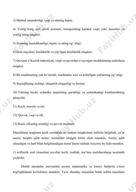qorishmadagi o'zgarmas sellyuloza miqdoriga teng bo'lib, keying 25% i 75 ga teng bo'lgan yangi qorishmaning kg miqdirini topamiz. buning uchun ^^ ^ x = 75^00 = 300 ga teng bo'lib, bu esa yangi qorishmaning kg miqdori bo'lib bundan esa 200kg suvni bug'lantirish lozimligi kelib chiqadi. 2) ikki brigade bir vaqtda ishlab, yer uchastkasiga 12 soatda ishlov berib bo'lishdi. agar brigadalarning ishlash tezliklarining nisbati 3:2 kabi bo'lsa, har bir brigadaning yolg'iz o'zi shu yer uchastkasiga necha soatda ishlov berib bo'ladi? javob: ushbu masalani yechish uchun tenglamalar sistemasi tuzib olamiz. buning uchun brigadalarning ishlov bergan yer uchastkasini 1 ish deb olib, ikki brigadaning tezliklarini esa ikkita nomalum bilan belgilash kiritamiz. bundan esa quyidagi tenglamalar sistemasiga kelamiz matnli arifmetik masalalar ham mundarija va tavsifi, ham qiyinlik jihatidan turlicha bo`lganligidan, ularni yechishda turli usul va yo`llar tadbiq qilinishi ko`zda tutiladi. ko`pincha bir tipdagi masalalarning o`zlarini yechish uchun turli usullar ishlatilishi kerak bo`ladi. ayrim hollarda …