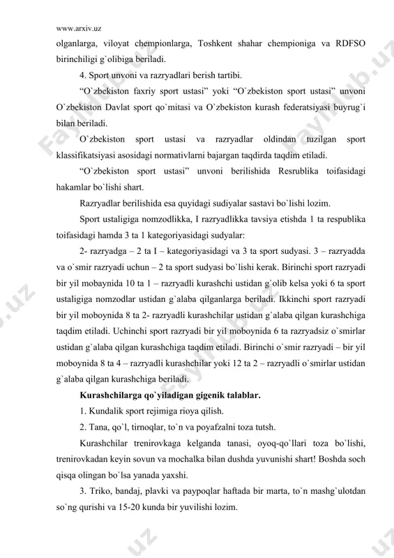 alni jihozlashda chang va kirdan tezda tozalanishi hisobga olish kerak. vaholangki, chang, kir va mikroblarni zalga tashqaridan havo va kurashchilarning o`zlari olib kirishadi. demak, zaldagi havoni tez almashtirish zarur. yechinish xonasi zalning yonida bo`lsa yanada yaxshi, kurashchilarga, sport formada to`g`ri zalga o`tishadi. xojatxona ham zalga yaqin bo`lishi kerak. zaldagi havoning tempiraturasi 16-18 darajadan oshmasligi, shiftda katta lampalar o`rnatilishi xona va gilam satxiga odikolon yoki lizola sepish tavsiya etiladi. shunday qilganda shugullanuvchilar furinkulizm va boshqa kasalliklarga kam chalinadilar. trenirovkalardan so`ng zal tozalanishigilam usti supirilishi yoki xo`l latta bilan artilishi, kiraverishda esa gilamcha yoki sholchani xo`llab tashlab qo`yish kerak. kurash xonasining not`g`ri jixozlanishi va gilamning nobobligi jaroxatlanishga olib kelishi mumkin. notekis gilam matlar orasining ochiqligi tarang tortilmaslik yoki yirtiq choyshab ham jaroxatga olib keladi. agar gilam qattiq bo`lib chetlari to`shaklar bilan qoplommasa yoki gilam devoruga yaqin bo`lsa unday hollarda jarohatlanish, suyaklarning sinish, miya chayqalishi sodir bo`ladi. kichkina gilamda katta gurux mashq bajarganda …