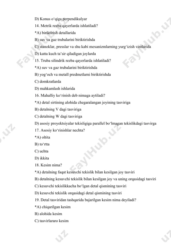 ay? *a) 297 x 420 b) 297 x 410 c) 594 x 841 d) 594 x 420 29. detalning qanday o‘lchami soni oldiga l belgi qo‘yiladi? *a) uzunlik b) gabarit c) qalinlik d) diametr 30. qaysi qatorda faqat kichraytirish masshtablari berilgan? *a) 1:2, 1:5, 1:10 b) 2:1, 1:1, 1:5 c) 1:5, 1:10, 2:1 d) 5:1, 2:1, 10:1 31. qaysi qatorda faqat kattalashtirish masshtablari berilgan? *a) 5:1, 2:1, 10:1 b) 1:5, 1:10, 2:1 c) 1:2, 1:5, 1:10 d) 2:1, 1:1, 1:5 32. qanday sharoitda masshtab belgisi oldiga m harfi qo‘yilmaydi? *a) asosiy yozuvning maxsus grafasida yozilganda b) xaqiqiy kattalikda chizilsa c) mahalliy ko‘rinishda d) chizma ustiga yozilganda 33. chizma shriftlari qanday qiyalikda yoziladi? *a) 75( b) 85( c) 45( d) 30( 34. 14 shriftning yozma harf balandliklari qancha mm bo‘ladi? *a) 10 mm b) 8 mm c) 7 mm d) 5 mm 35. 10 shriftning yozma harf balandliklari qancha mm bo‘ladi? …