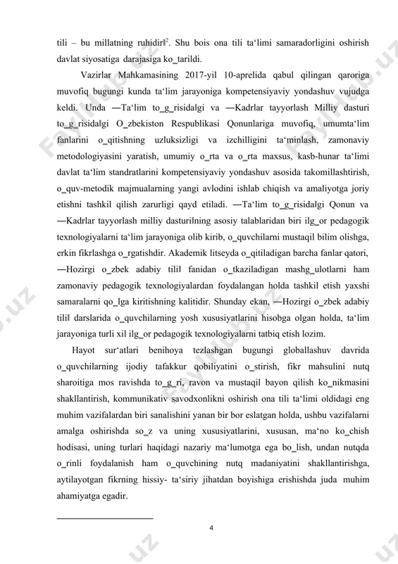 ishlab chiqish, ulardan nutqda foydalanishning ahamiyatini o‗quvchilarga tushuntirishning yangi, zamonaviy metodlarini yaratish bugungi kun ona tili va aadabiyot fani o‗qituvchilari oldida turgan muhim vazifalardan biri sanaladi. ishlab chiqilgan usullardan samarali foydalanish esa o‗qituvchidan o‗z fanini puxta bilishni, ilg‗or zamonaviy o‗qitish usullaridan samarali foydalanish yo‗llarini kashf eta olish va amalda qo‗llay bilishni talab qiladi. shundagina o‗qitish sifati ham, o‗quvchilarning o‗zlashtirish darajasi ham yuqori bo‗ladi. yosh avlodning og‗zaki va yozma nutqini shakllantirish, uning so‗z boyligini oshirish masalasiga to‗xtalar ekanmiz, tilshunoslikning so‗z ta‘limoti haqidagi bo‗limi - ―leksikologiya‖ ushbu yo‗nalishdagi juda keng imkoniyatlarni yaratib bera olishini alohida ta‘kidlab o‗tish lozim. ―leksikologiya‖ bo‗limida o‗quvchilar duch keladigan birinchi muammo esa so‗zning o‗z va ko‗chma ma‘nolaridir. berilgan so‗z birikmalarini ko‗chma ma‘nosiga ko‗ra guruhlarga ajratish, ularni o‗zaro qiyoslash asosida so‗zni o‗z va ko‗chma ma‘nolarda qo‗llab gaplar tuzish, badiiy matnlarni tahlil qilish, so‗zlarni ko‗chma ma‘noda qo‗llab matn yaratish singari ijodiy-amaliy ishlar o‗quvchilarning so‗z zaxirasini oshirish va nutqini rivojlantirishda muhim …