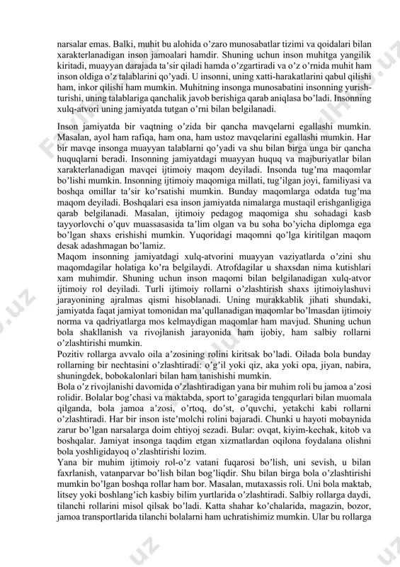 izmida katta yoshdagi tarbiyalanuvchi abstrakt fikrlay boshlaydi va vaziyatdan chiqib ketish yoʼlini oʼzi uchun emas, goʼyoki boshqa odam uchun qidiriyotgandek tuyuladi. bu mexanizm tarbiyalanuvchi hayotiy muhim muammolarga (kasallik, boshqa maktabga oʼtish, institutga kirish) duchor boʼlganda namoyon boʼladi. harakatlarni bekor qilish mexanizmi fikr, xissiyot, harakatlarni susaytirish uchun qoʼllaniladi. tarbiyalanuvchi kechirim soʼraganida, uning harakatlari kechirilishi va sof vijdon bilan harakat qila boshlashiga ishonadi. koʼp shaxslar shu tarzda komillikka erishishadi. 2. i.v.mudrikning fikricha psixologik va ijtimoiy psixologik mexanizmlarga quyidagilarni kiritsa boʼladi: imprinting (xotirada saqlab qolish)-insonga taʼsir qiladigan hayotiy muhim obʼektlarni eslab qolishi. bu mexanizm odatda goʼdaklik davrida koʼp qoʼllaniladi. biroq keyingi yosh davrlarida ham imprintingni kuzatishimiz mumkin. eksiztentsial bosim mexanizmi-tilni oʼzlashtirish va oʼzaro munosabatga kirishganda kerak boʼladigan ijtimoiy xulq-atvor normalariga anglamagan holda ega boʼlish. taqlid - biror-bir “namuna”ga oʼxshash uchun harakat qilish. bu holat insonning ijtimoiy tajriba toʼplashining ixtiyoriy va asosan ixtiyorsiz yoʼllaridan biridir. reflektsiya mexanizmi - ichki suhbat. unda inson jamiyatning turli …