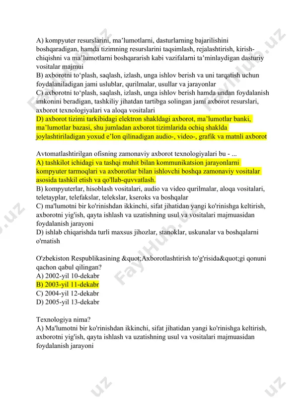 an audio-, video-, grafik va matnli axborot axborot resursi nima? a) kompyuter resurslarini, maʼlumotlarni, dasturlarning bajarilishini boshqaradigan, hamda tizimning resurslarini taqsimlash, rejalashtirish, kirish-chiqishni va maʼlumotlarni boshqararish kabi vazifalarni taʼminlaydigan dasturiy vositalar majmui b) axborotni to‘plash, saqlash, izlash, unga ishlov berish va uni tarqatish uchun foydalaniladigan jami uslublar, qurilmalar, usullar va jarayonlar c) axborotni to‘plash, saqlash, izlash, unga ishlov berish hamda undan foydalanish imkonini beradigan, tashkiliy jihatdan tartibga solingan jami axborot resurslari, axborot texnologiyalari va aloqa vositalari d) axborot tizimi tarkibidagi elektron shakldagi axborot, ma’lumotlar banki, ma’lumotlar bazasi, shu jumladan axborot tizimlarida ochiq shaklda joylashtiriladigan yoxud e’lon qilinadigan audio-, video-, grafik va matnli axborot avtomatlashtirilgan ofisning zamonaviy axborot texnologiyalari bu - ... a) tashkilot ichidagi va tashqi muhit bilan kommunikatsion jarayonlarni kompyuter tarmoqlari va axborotlar bilan ishlovchi boshqa zamonaviy vositalar asosida tashkil etish va qo'llab-quvvatlash. b) kompyuterlar, hisoblash vositalari, audio va video qurilmalar, aloqa vositalari, teletayplar, telefakslar, telekslar, kseroks va boshqalar …