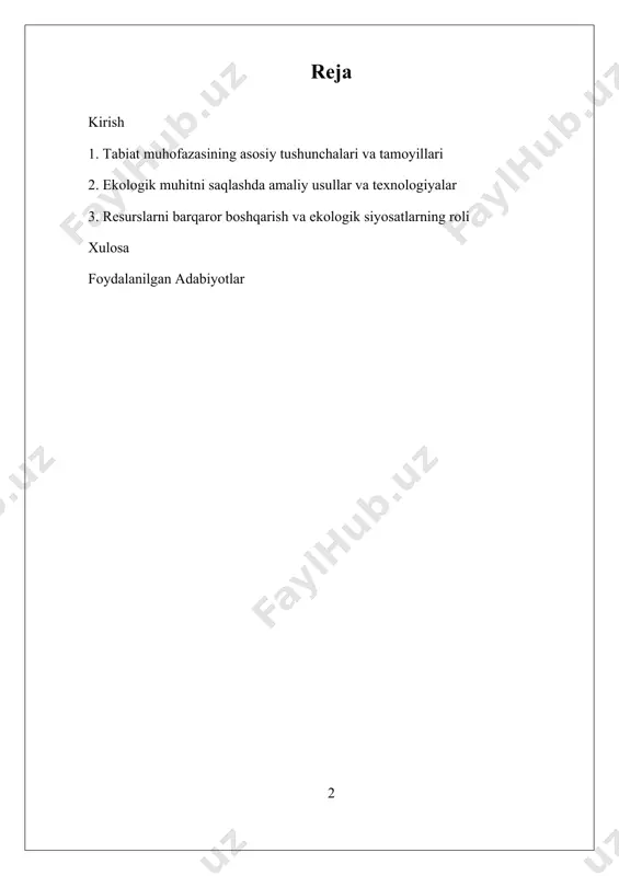 rik loyihalar va dasturlarni amalga oshirmoqda. biroq, resurslarning ortiqcha ishlatilishi, iqlim o‘zgarishi va ekologik ta’sirlarning kuchayishi bilan bog‘liq muammolar mavjud bo‘lib, ularni hal qilish uchun innovatsion texnologiyalar va ilg‘or amaliyotlarni joriy etish zarurati ortmoqda. ekologik ta’lim va jamiyatning ongini oshirish ham muhim omil bo‘lib, keng jamoatchilikning ishtiroki tabiiy muhitni saqlashda muhim rol o‘ynaydi. i. tabiat muhofazasining asosiy tushunchalari va tamoyillari tabiat muhofazasining asosiy tushunchalari va tamoyillari, ayniqsa, tabiatni muhofaza qilishning umumiy mexanizmlari va yondashuvlari inson faoliyatining ekologik muhitga ta’sirini cheklash va resurslarni uzoq muddatli saqlashga qaratilgan. bu tamoyillar nafaqat tabiiy resurslarni tejash, balki biologik xilma-xillikni saqlash va ekologik muvozanatni ta’minlash uchun muhimdir. tabiatni muhofaza qilishning asosiy tushunchalariga ekologik muvozanat, biologik xilma-xillik, resurslarning barqaror boshqarilishi va inson faoliyatining ekologik izini kamaytirish kiradi. ekologik muvozanat — bu tabiiy muhitda turli xil organizmlar va atrof-muhit komponentlari o‘rtasidagi muvofiqlik va barqarorlikni anglatadi. bu muvozanat inson faoliyatining ta’siridan so‘ng buzilmaslik uchun muhim bo‘lib, uni saqlash …