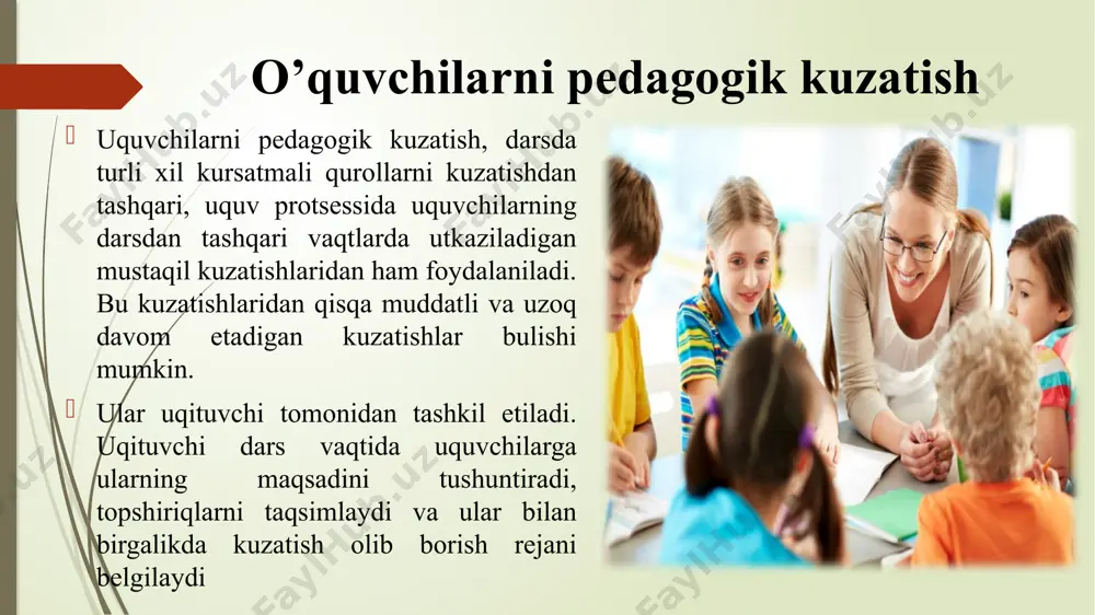 pedagogik talablariga rioya etish maqsadga muvofiqdir. tarbiyaviy taʼsir kursatish samaradorligi tarbiyaviy taʼsir kursatish samaradorligi kup jihatdan uqituvchilar va ota-onalarning muvofiq harakatlari bilan belgilashini nazarda belgilanishini nazarda tutib, bolaning uziga xos psixologik xususiyatlarini hisobga olish, uning hulq-atvoridagi eng kichik chetga chiqishlarga ham uz vaqtida eʼtibor berish kerak. bunga sinf rahbari bilan ota-onalarning ishonchli uzaro munosabatlarini urnatgandagina erishiladi, bunday munosabatlarni urnatish va chuqurlashtirish uchun yakka tartibdagi suhbatlardan foydalanish juda muhim. suhbat ota-ona bilan suhbat ota-onaga ularning ugʼli yoki qizining yomon hulq-atvori yuzasidan eʼtiroz bildirishdan, bunda umuman bola haqida shaxs sifatida noxush fikrlar aytishiga yul quyishdan boshlanganda, ota-onalar uchun bolalari har qachon yaxshi ekanligi unutilganida, sinf rahbarimutlaqo boshqacha fikr yuritishga duch keladi. bunday suhbatlar odatda ota-onalar uchun ogʼir bulib, ularni oshkora dildan suhbatlashishga jalb eta olmaydi. e’tiboringiz uchun rahmat!!! image1.png image2.png image3.png image4.png image5.png image6.png /docprops/thumbnail.jpeg