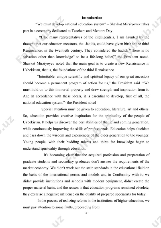 els and in conformity with it, we didn't provide institutions and schools with modern equipment, didn't create the proper material basis, and the reason is that education programs remained obsolete, they exercise a negative influence on the quality of prepared specialists for today. in the process of realizing reform in the institutions of higher education, we must pay attention to some faults, proceeding from: 1) we must determine what requirements graduate students should answer. 2) we must select talented children, who are thirsty for knowledge and consider that their main aim is mastering knowledge; set an equitable system and order of entrance to the institutions of higher education; to create all necessary conditions for getting enough knowledge by students. 3) it is necessary to determine what professions are most important to prepare for in higher education institutions. specifically, it should be determined which of the 90-100 acquired professions we need …