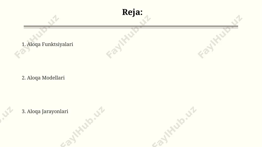 aatlarni hisobga olish kerak. axborot uzatish axborot uzatish jarayonida 5 ta asosiy element mavjud: manba, kodlash, kanal, dekoding va qabul qiluvchi. ushbu elementlarning samarali o'zaro ta'siri aniq va samarali muloqotni ta'minlaydi. muvaffaqiyatli axborot uzatish uchun shovqin darajasi 10% dan kam bo'lishi kerak. shovqinning ko'payishi axborotning buzilishiga va noto'g'ri talqin qilinishiga olib keladi. axborot uzatish tezligi turli omillarga, jumladan, kanalning o'tkazuvchanligi va ishlatilayotgan kodlash usullariga bog'liq bo'lib, odatda bit/soniya yoki bayt/soniya bilan o'lchanadi. o'zaro tushunish o'zaro tushunish darajasini baholashda verbal va nonverbal aloqa kanallarini, shuningdek, 5 ta asosiy hissiy intellekt ko'nikmalarini hisobga olish kerak. o'zaro tushunishning etishmasligi konfliktlarning 75%iga sabab bo'ladi va bu esa samaradorlikni pasaytiradi va ish faoliyatida muammolarni keltirib chiqaradi. o'zaro tushunish samarali muloqotning 90%ini tashkil etadi va bu muloqot jarayonida ishtirok etuvchilarning fikrlarini, his-tuyg'ularini va niyatlarini aniq ifoda etish va qabul qilish qobiliyatiga bog'liq. e'tiboringiz uchun rahmat @taqdimot_robot