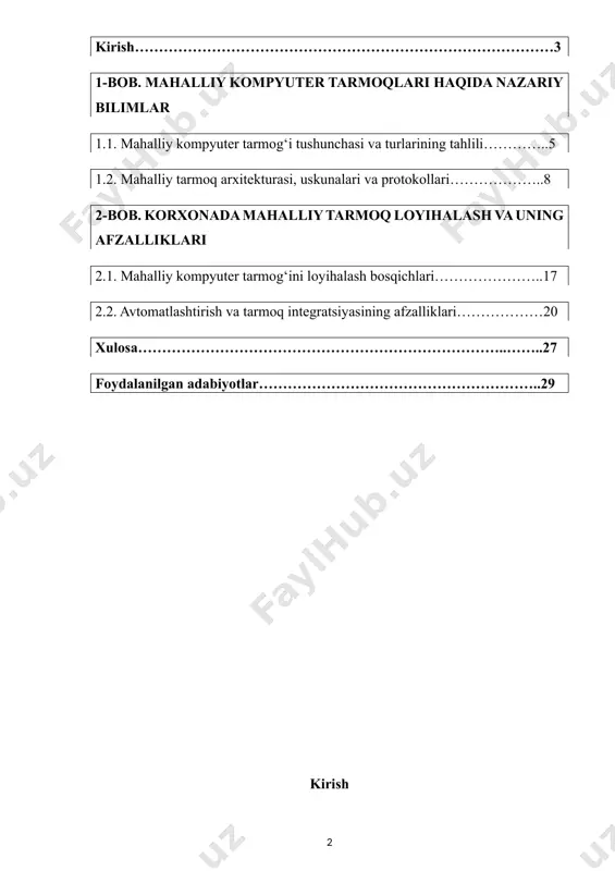 avtomatlashtirishning asosiy vositalaridan biri hisoblanadi. bu orqali ma’lumotlar almashinuvi tezlashadi, resurslardan foydalanish samaradorligi oshadi va umumiy boshqaruv tizimi takomillashadi. mavzuning dolzarbligi raqamli transformatsiya jarayonida korxonalarda axborot tizimlarini joriy etish va ularni samarali boshqarish muhim ahamiyat kasb etadi. mahalliy kompyuter tarmoqlari orqali ish jarayonlarini avtomatlashtirish korxonalarning raqobatbardoshligini oshirish, xizmat ko‘rsatish sifatini yaxshilash va xarajatlarni kamaytirishga xizmat qiladi. kurs ishining maqsadi korxonaning ish jarayonini avtomatlashtirish uchun mahalliy kompyuter tarmog‘ini loyihalash va joriy etishning nazariy va amaliy jihatlarini o‘rganish, mavjud texnologiyalarni tahlil qilish hamda samarali yechimlarni taklif etish. kurs ishining vazifalari 1. mahalliy kompyuter tarmoqlari va ularning turlari haqida nazariy bilimlarni o‘rganish. 2. korxona ish jarayonlarini avtomatlashtirishda aktning o‘rnini aniqlash. 3. mahalliy tarmoqni loyihalash bosqichlarini tahlil qilish. 4. tarmoq uskunalari va protokollarini tanlash mezonlarini belgilash. 5. loyihalangan tarmoqning samaradorligini baholash va takomillashtirish bo‘yicha tavsiyalar ishlab chiqish. kurs ishining obyekti korxonalarda ish jarayonlarini avtomatlashtirishda foydalaniladigan mahalliy kompyuter tarmoqlari. kurs ishining predmeti mahalliy kompyuter tarmog‘ini …